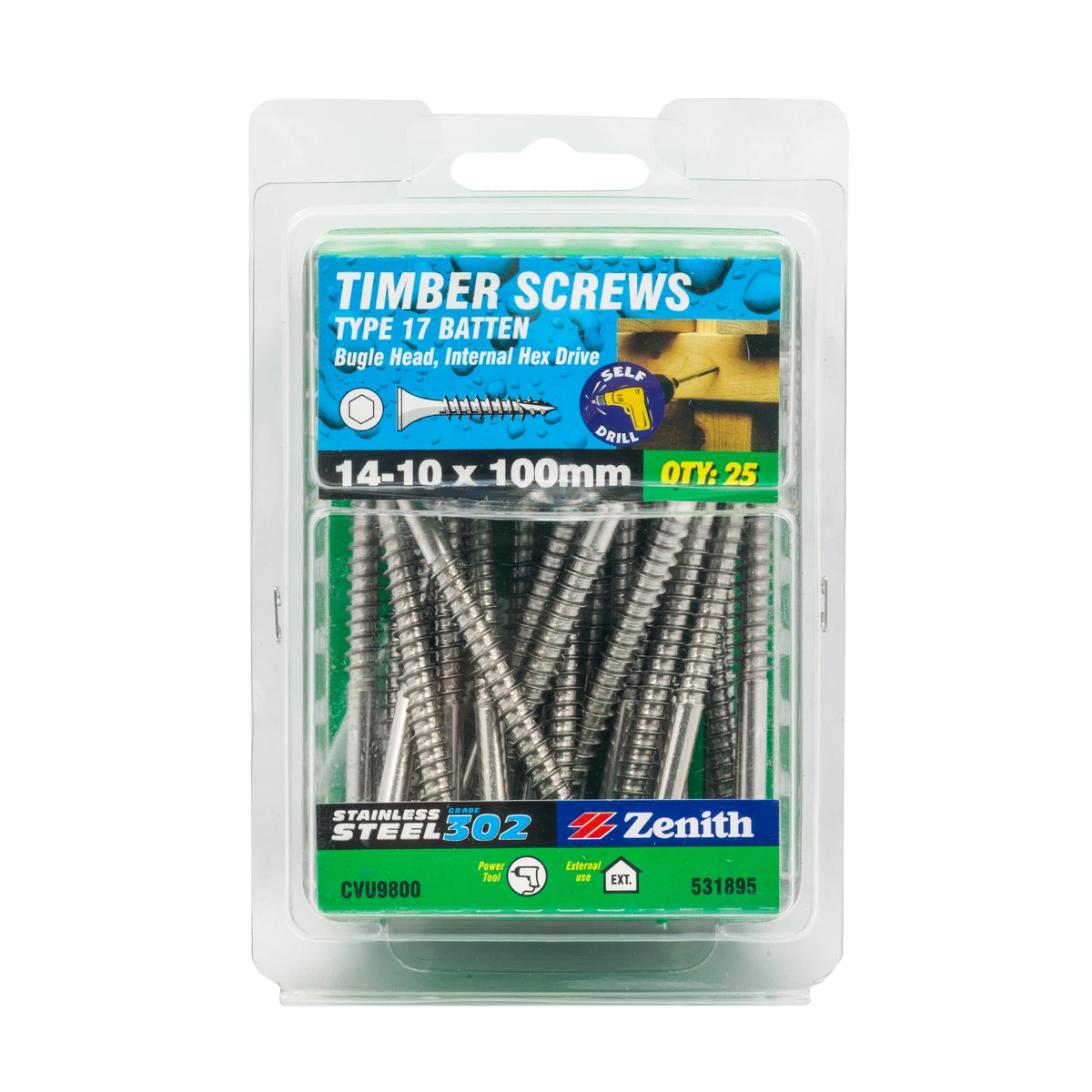 ZENITH® 14G x 100mm 304 Stainless Steel, Self Drilling, Internal Hex Drive, Bugle Batten Screws – External Use – 25 Pack