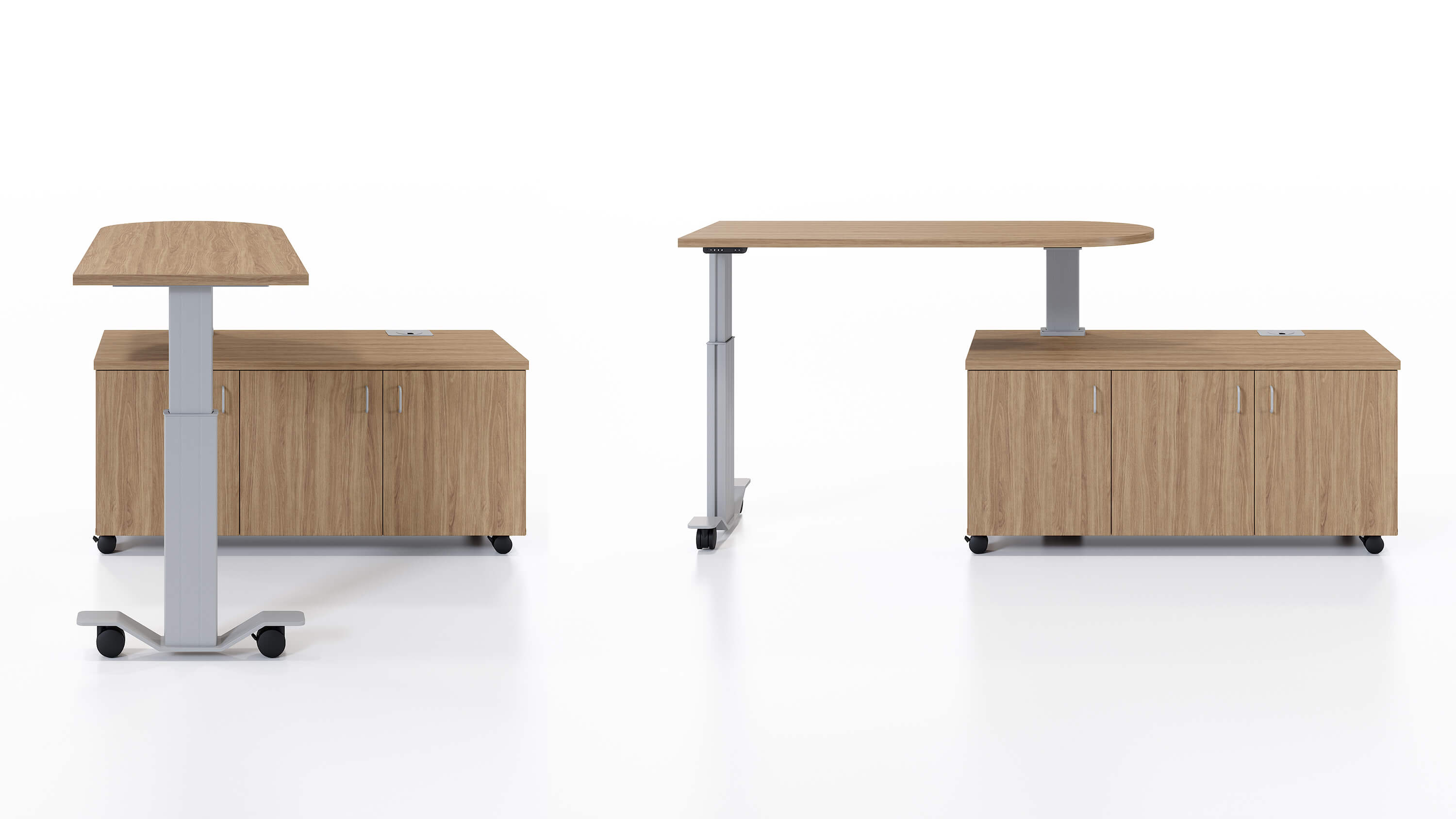 Left handed Samara rotating electric height adjustable workstation shown in standing positions at 90 degree and 180 degree angles.