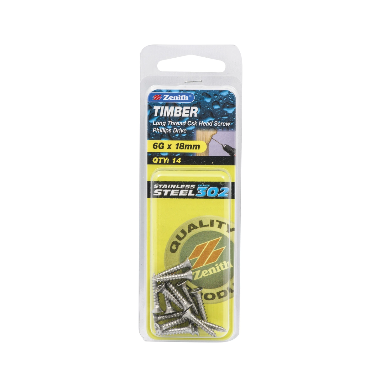 ZENITH® 6G x 18mm 304 Stainless Steel, Phillips Drive, Timber Screws – External Use – 14 Pack
