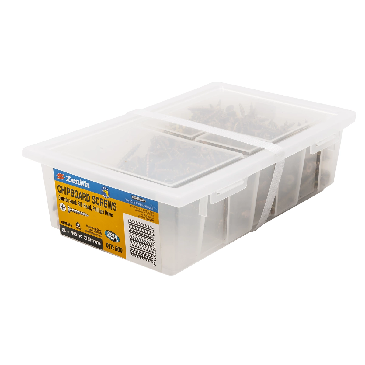 ZENITH® 8G x 35mm Gold Passivated, Phillips Drive, Chipboard Screws – Internal Use – 500 Pack