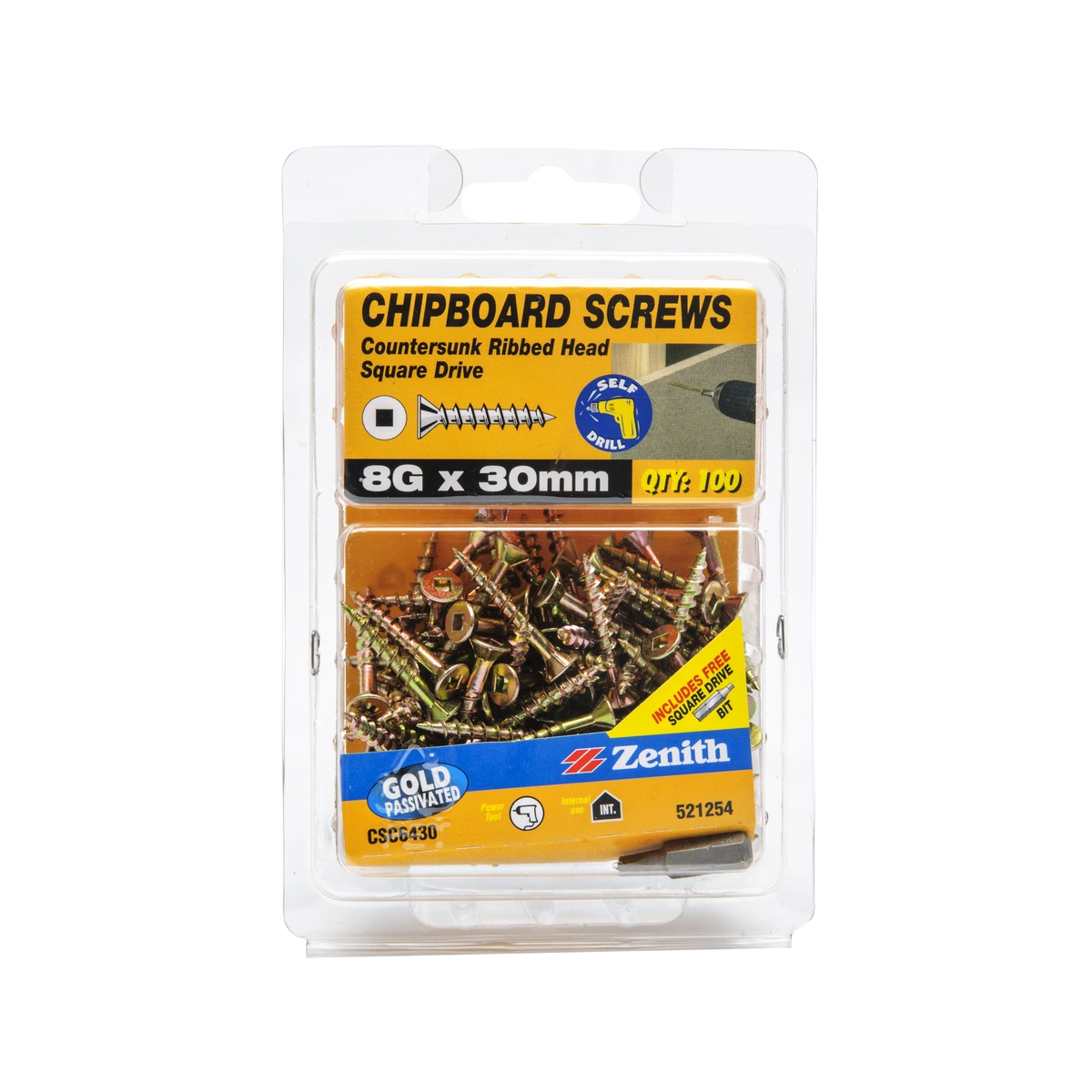 ZENITH® 8G x 30mm Gold Passivated, Square Drive, Chipboard Screws – Internal Use – 100 Pack