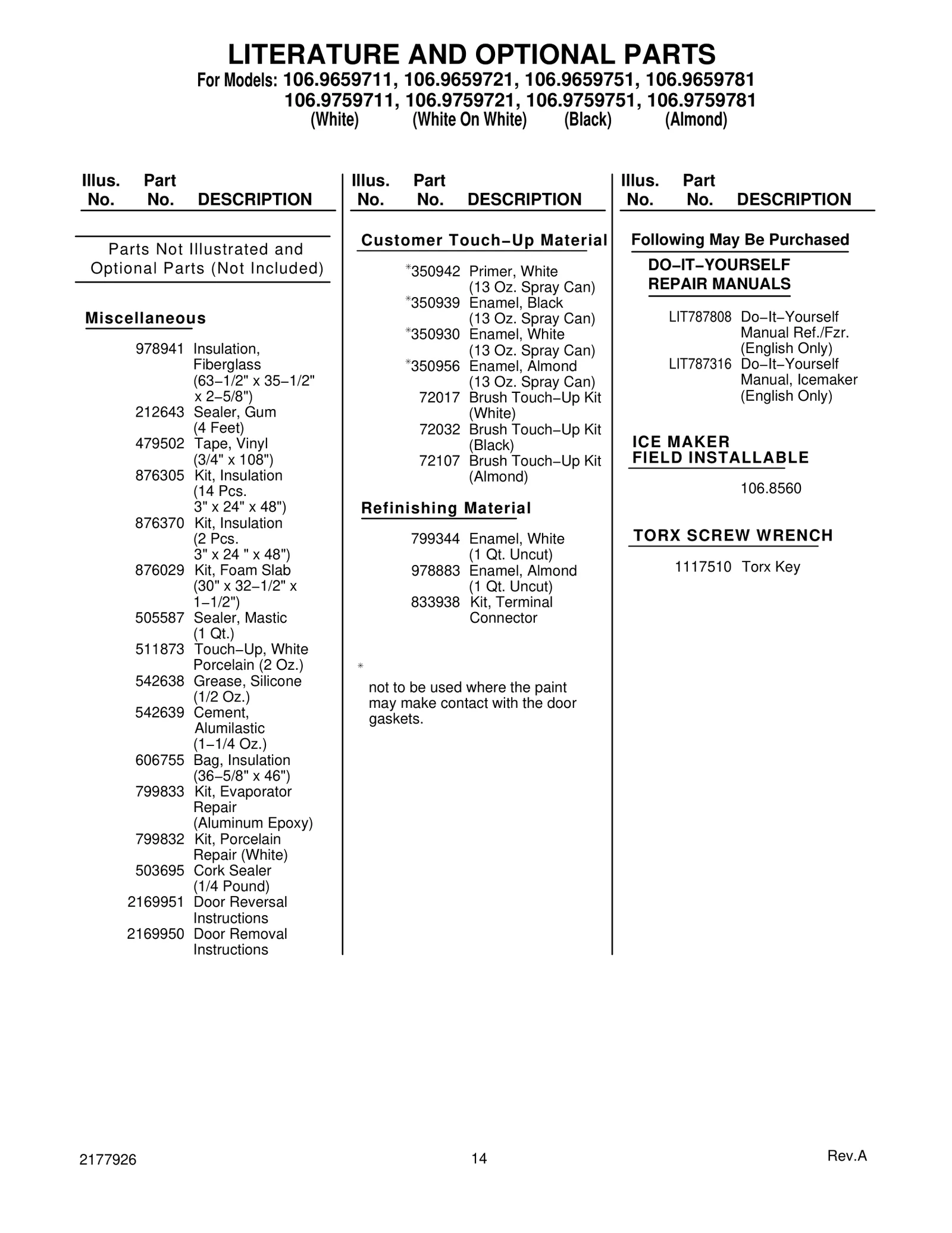 LITERATURE AND OPTIONAL PARTS