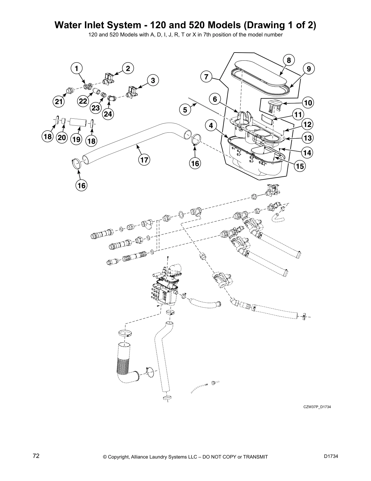Water Inlet System - 120 and 520 Models (Drawing 1 of 2)