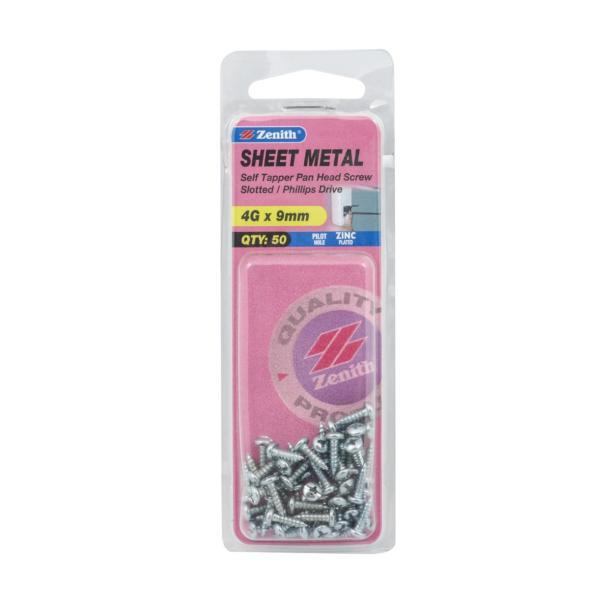 ZENITH® 4G x 9mm Zinc Plated, Self Tapping, Combination Drive, Sheet Metal Screws – Internal Use – 50 Pack