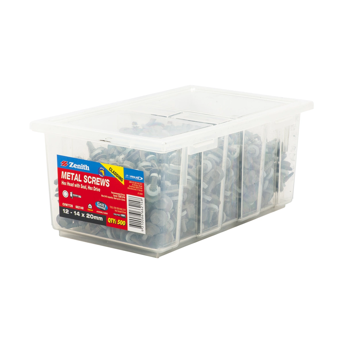 ZENITH® 12G x 20mm Class 3 Galvanised, Self Drilling, External Hex Drive, Cladding & Roofing Screws with Seal – External Use – 500 Pack