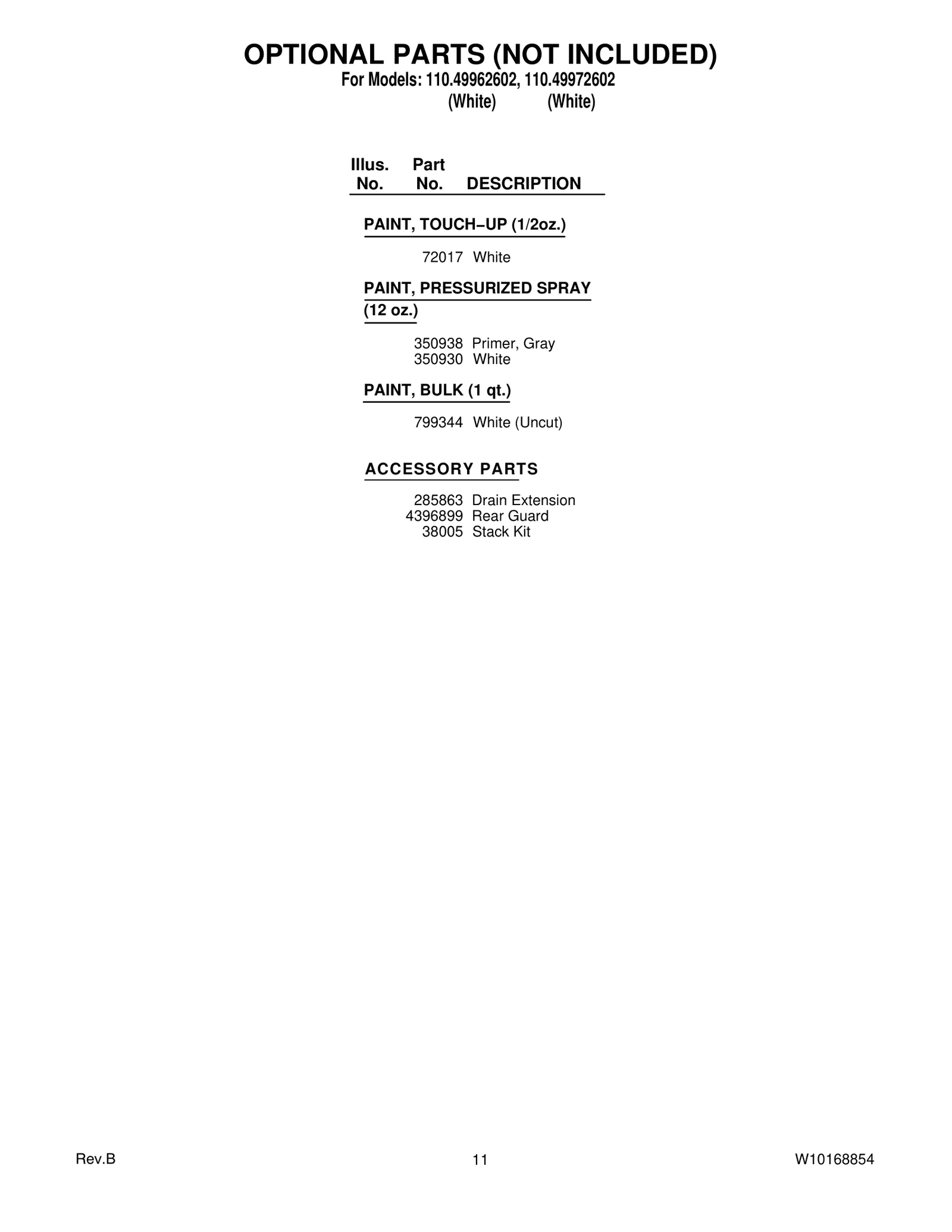 OPTIONAL PARTS (NOT INCLUDED)