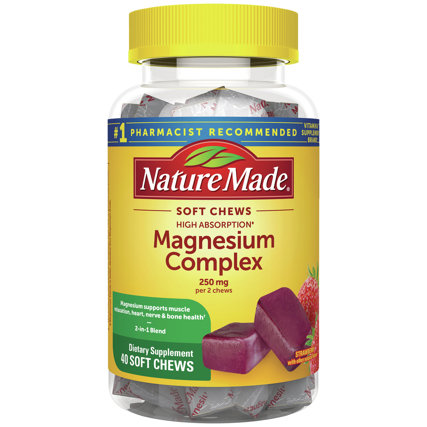 Nature Made High Absorption Magnesium Complex Soft Chews - Strawberry Vitamin | 250 mg | 40 Chews | Health Minerals