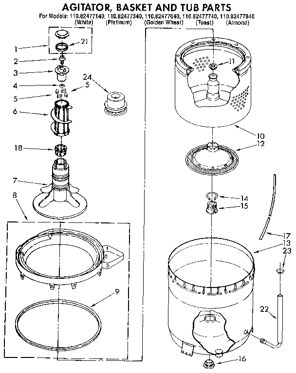 AGITATOR, BASKET AND TUB