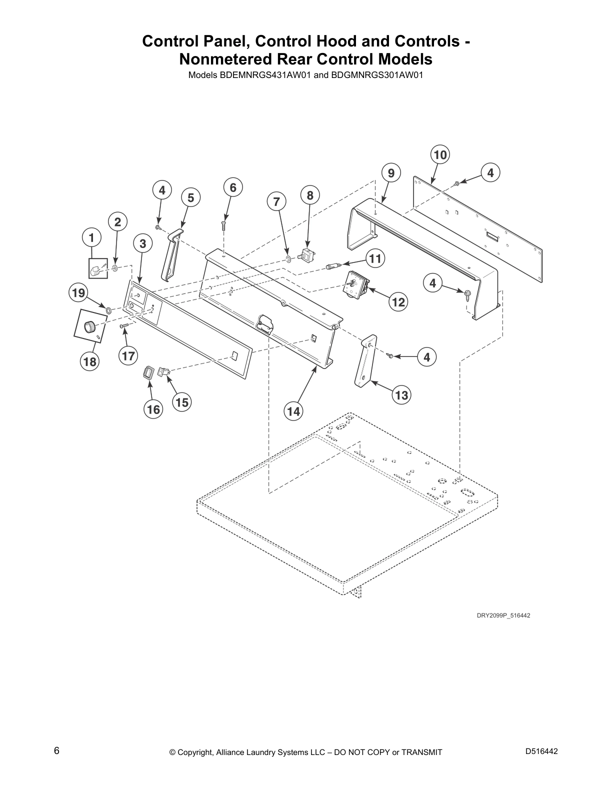 Control Panel, Control Hood and Controls - 
Nonmetered Rear Control Models