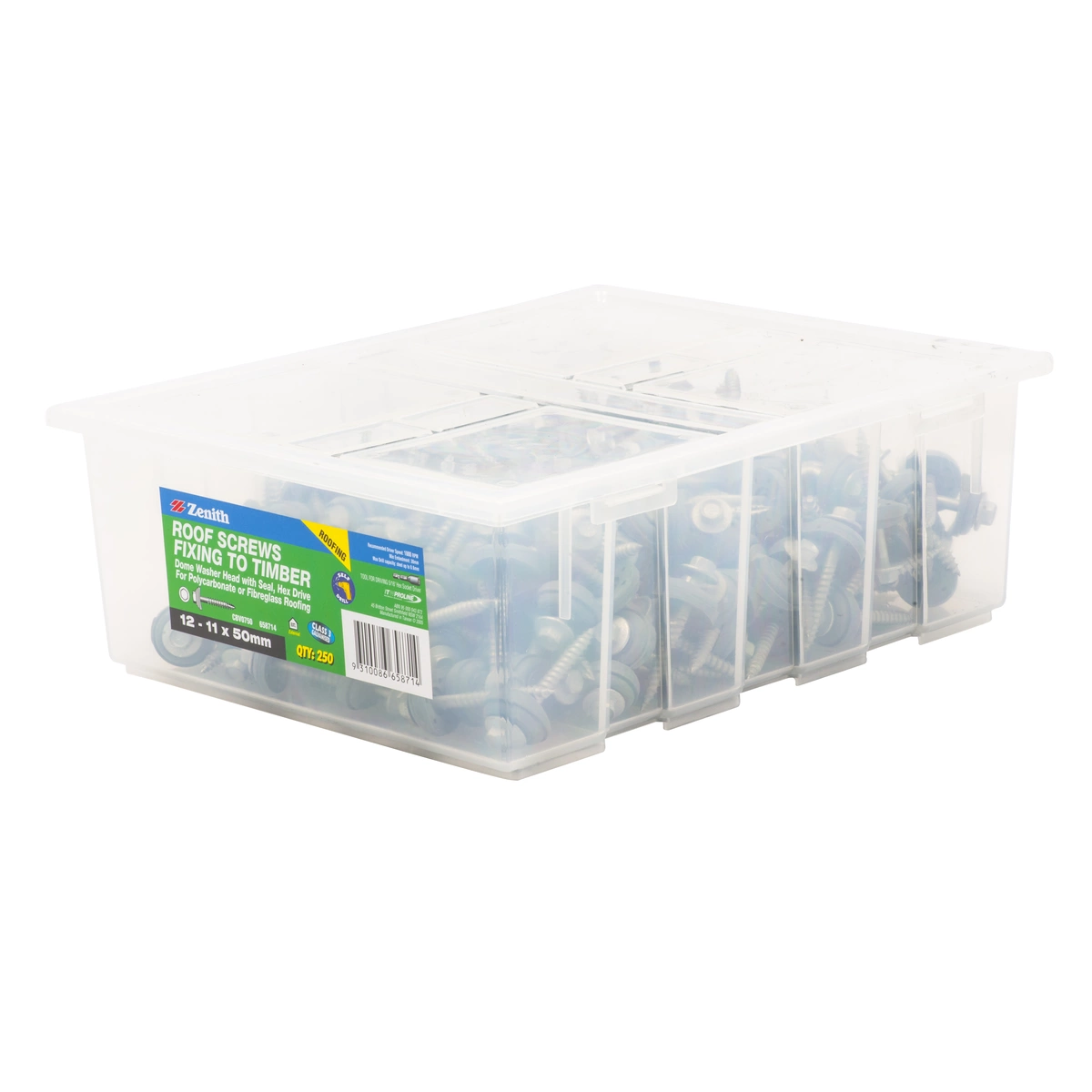 ZENITH® 12G x 50mm Class 3 Galvanised, External Hex Drive, Cladding & Roofing Screws with Seal – External Use – 250 Pack