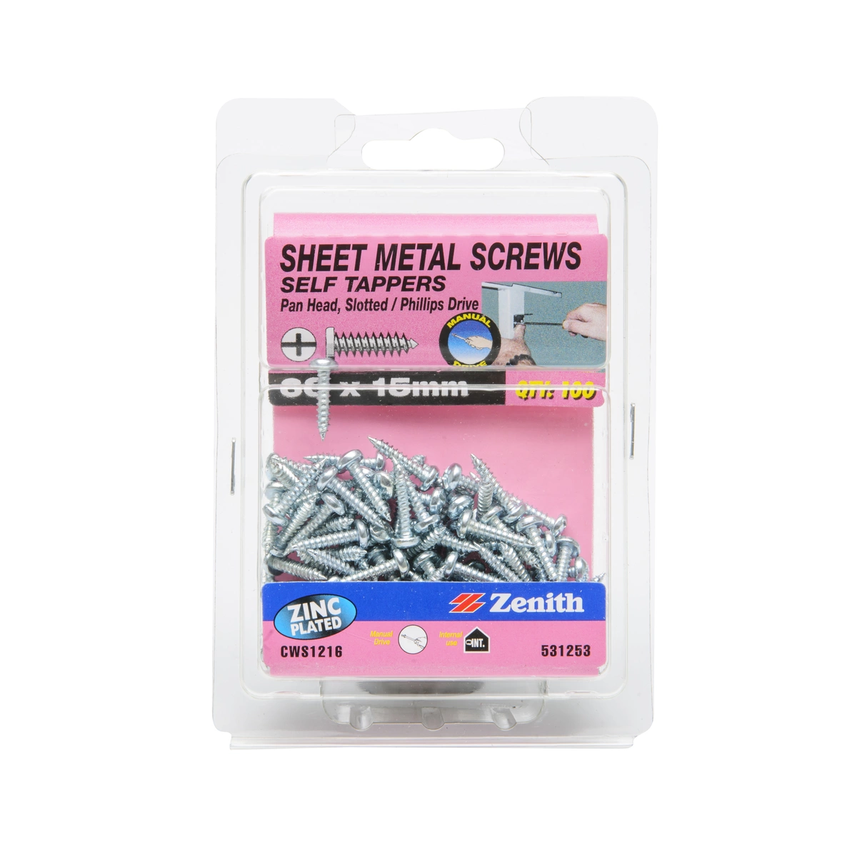 ZENITH® 6G x 15mm Zinc Plated, Self Tapping, Combination Drive, Sheet Metal Screws – Internal Use – 100 Pack