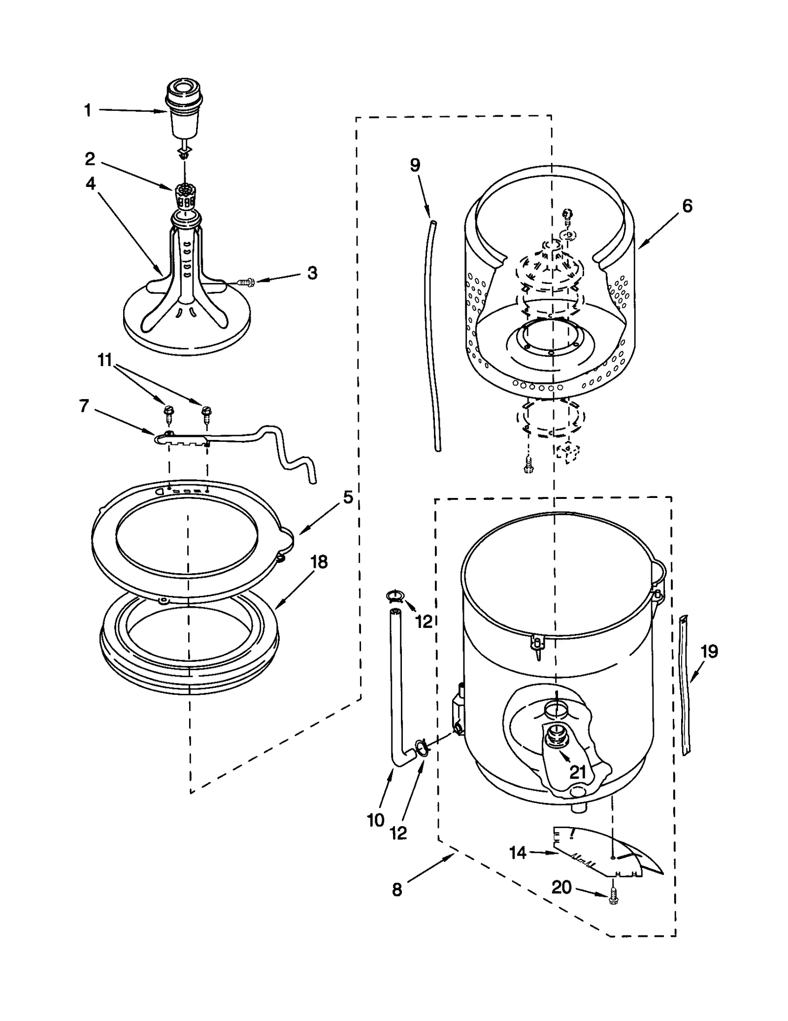 AGITATOR, BASKET AND TUB