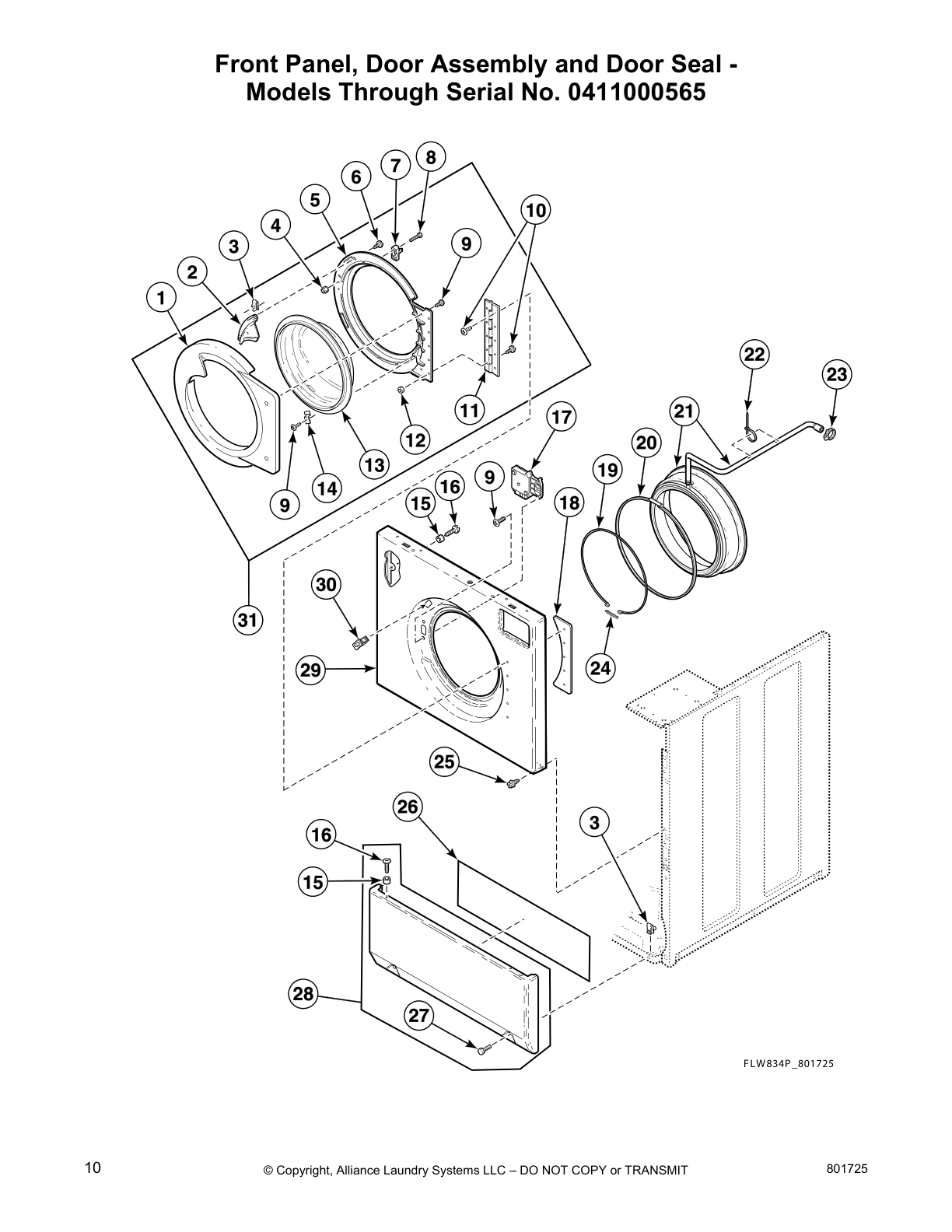 Front Panel, Door Assembly and Door Seal -
Models Through Serial No. 0411000565