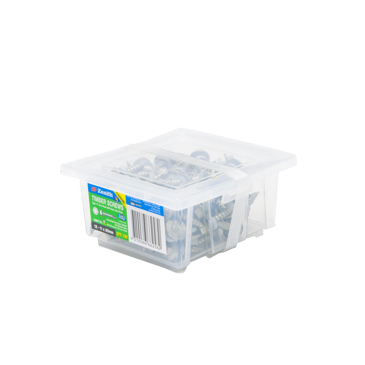 ZENITH® 12G x 25mm Class 3 Galvanised, External Hex Drive, Cladding & Roofing Screws with Seal – External Use – 100 Pack