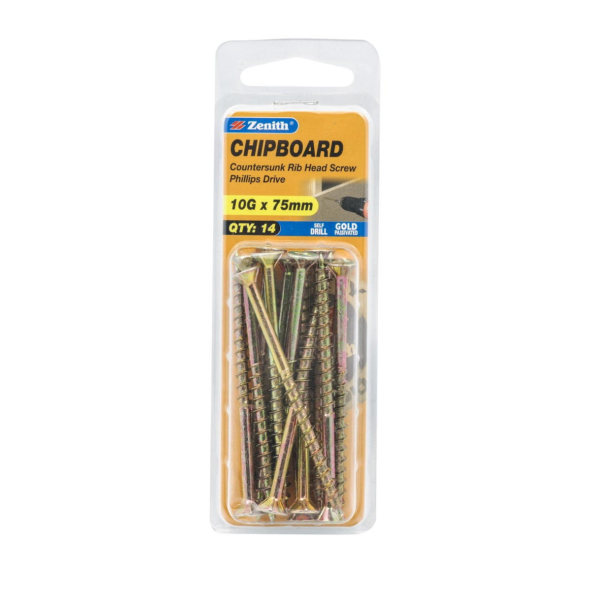 ZENITH® 10G x 75mm Gold Passivated, Phillips Drive, Chipboard Screws – Internal Use – 14 Pack