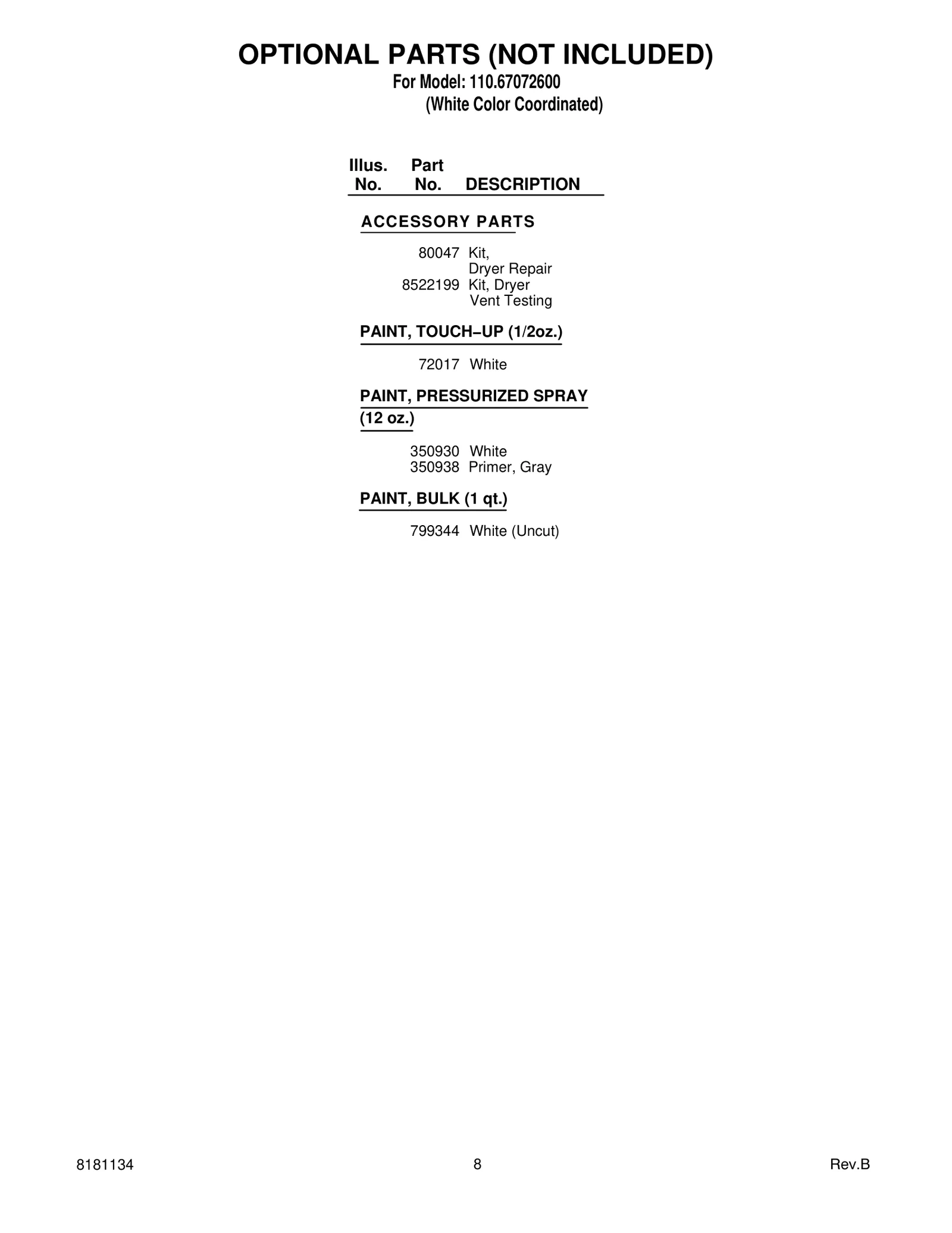 OPTIONAL PARTS (NOT INCLUDED)