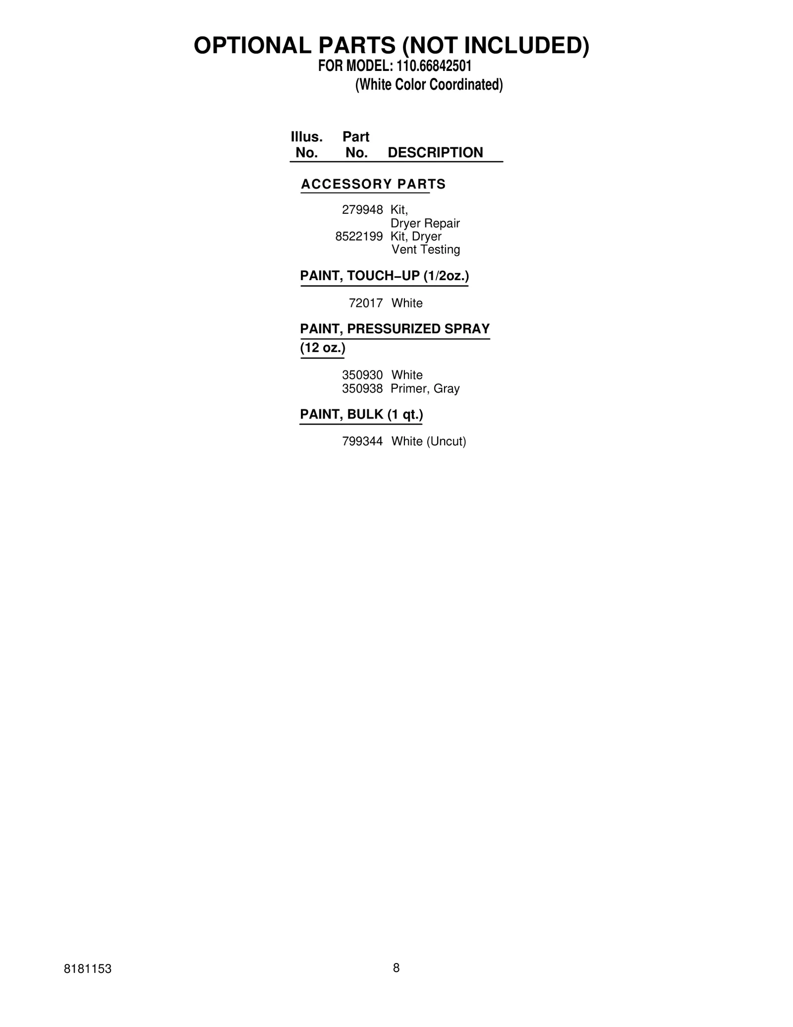 OPTIONAL PARTS (NOT INCLUDED)