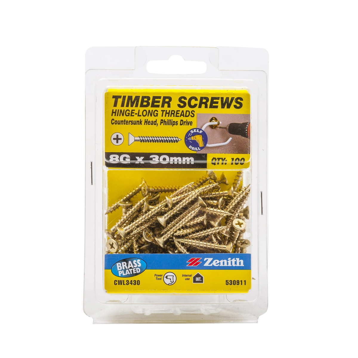 ZENITH® 8G x 30mm Brass Plated, Phillips Drive, Timber Screws – Internal Use – 100 Pack