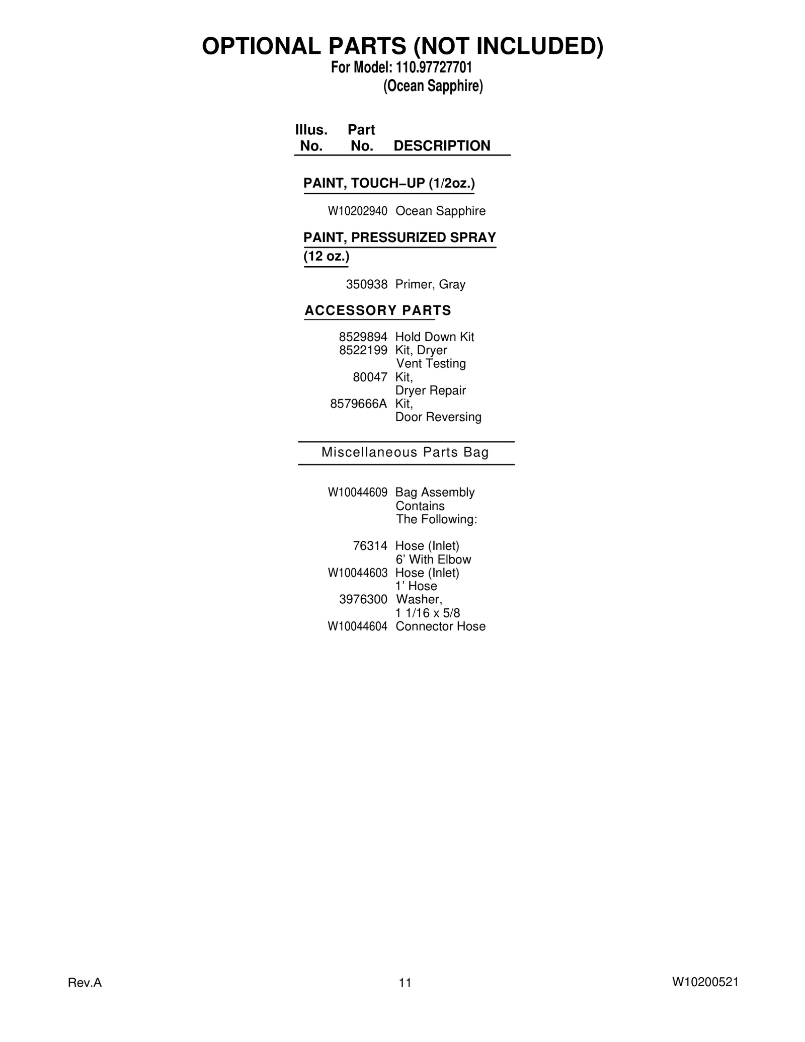 OPTIONAL PARTS (NOT INCLUDED)