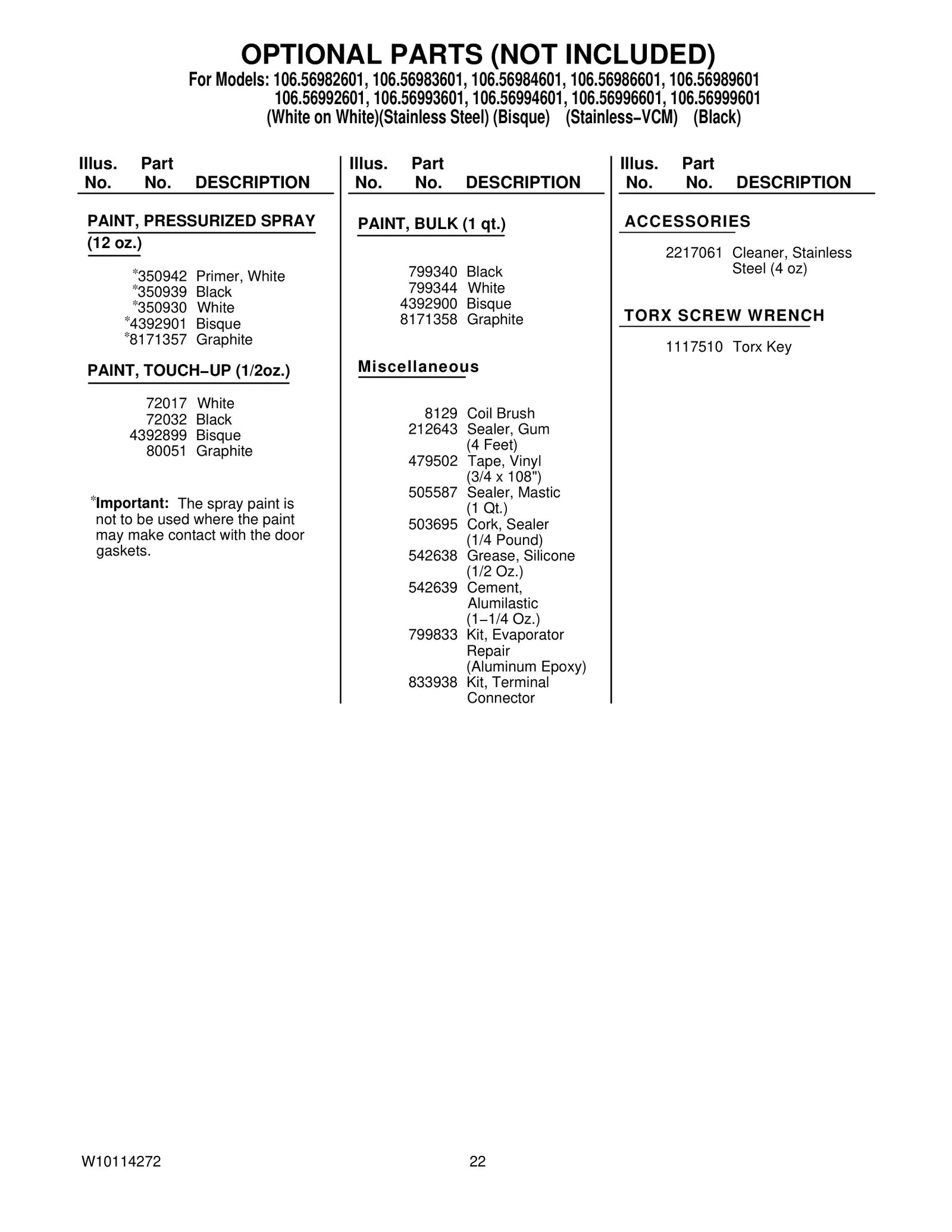 OPTIONAL PARTS (NOT INCLUDED)