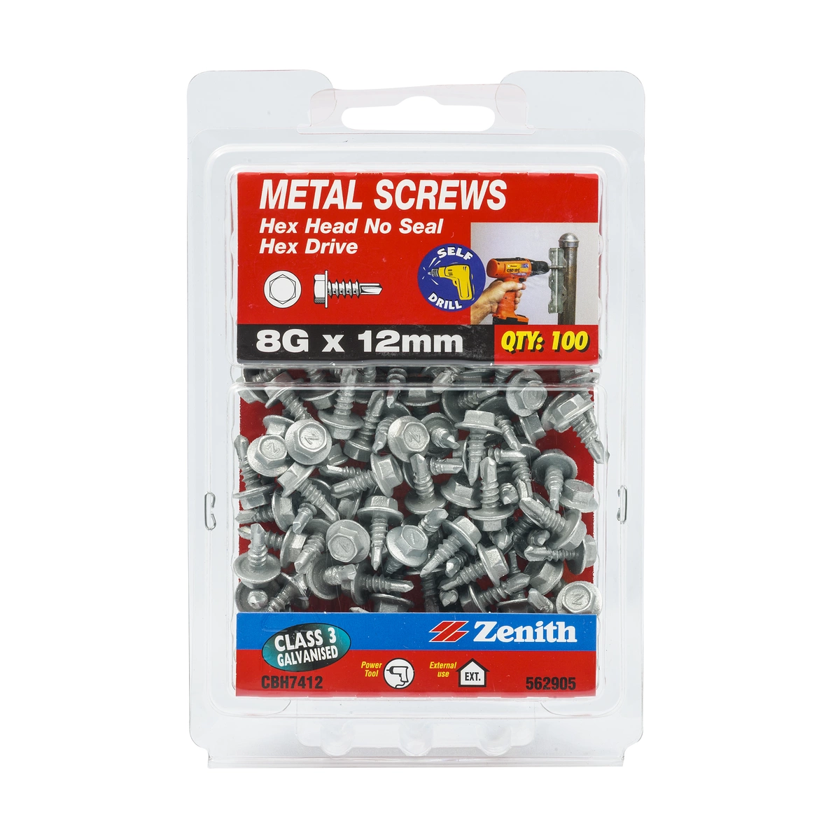 ZENITH® 8G x 12mm Class 3 Galvanised, Self Drilling, External Hex Drive, Metal Screws – External Use – 100 Pack
