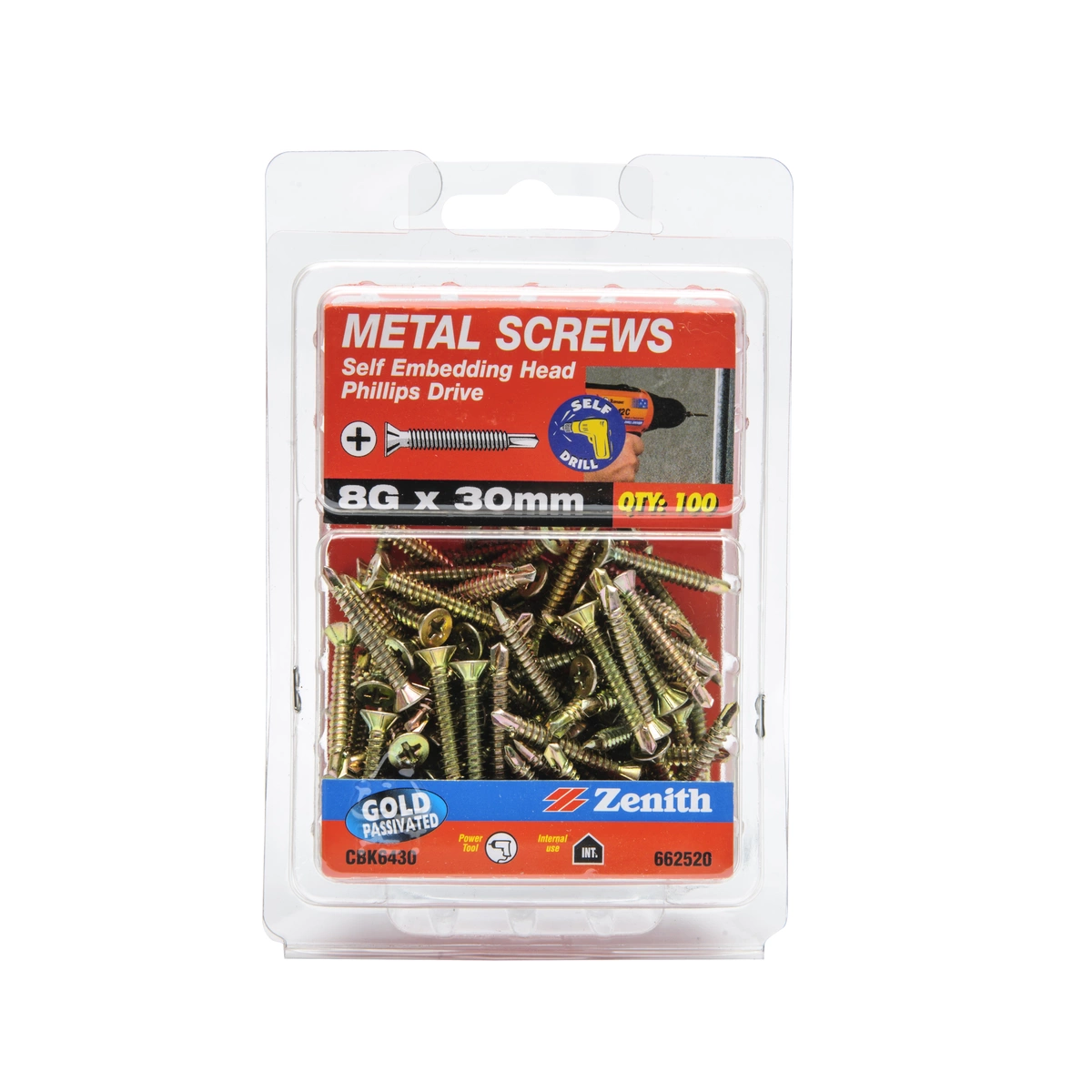 ZENITH® 8G x 30mm Gold Passivated, Self Drilling, Phillips Drive, Metal Screws – Internal Use – 100 Pack