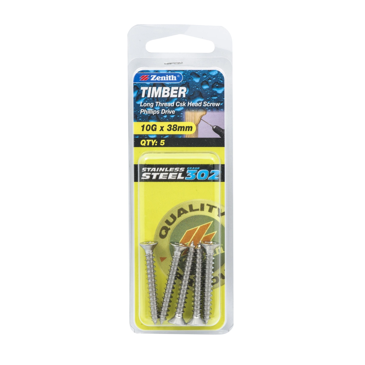 ZENITH® 10G x 38mm 304 Stainless Steel, Phillips Drive, Timber Screws – External Use – 5 Pack
