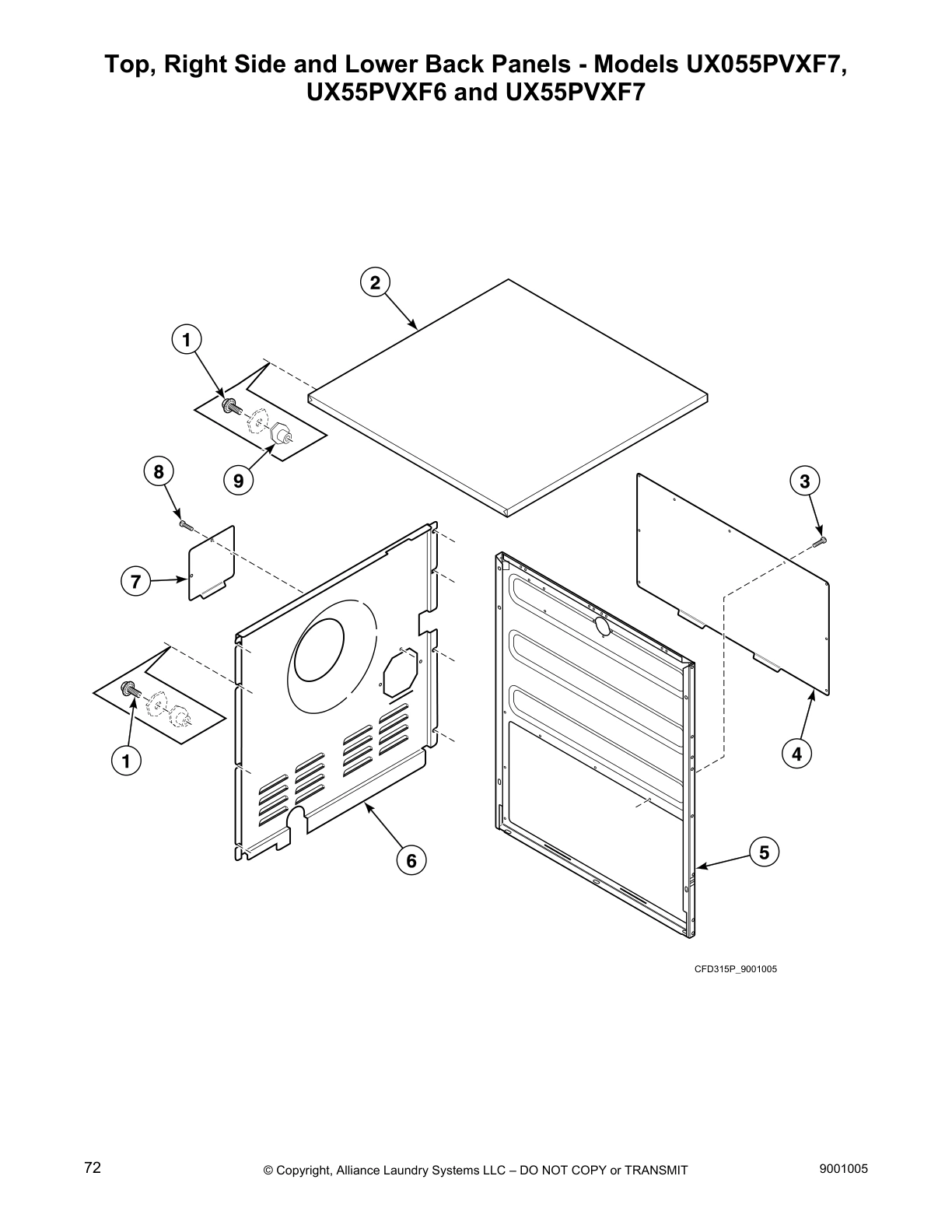 Top, Right Side and Lower Back Panels - Models UX055PVXF7, 
UX55PVXF6 and UX55PVXF7