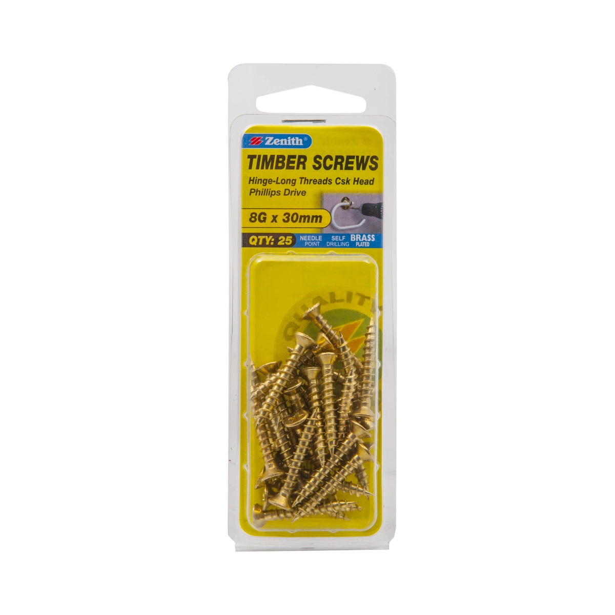 ZENITH® 8G x 30mm Brass Plated, Phillips Drive, Timber Screws – Internal Use – 25 Pack