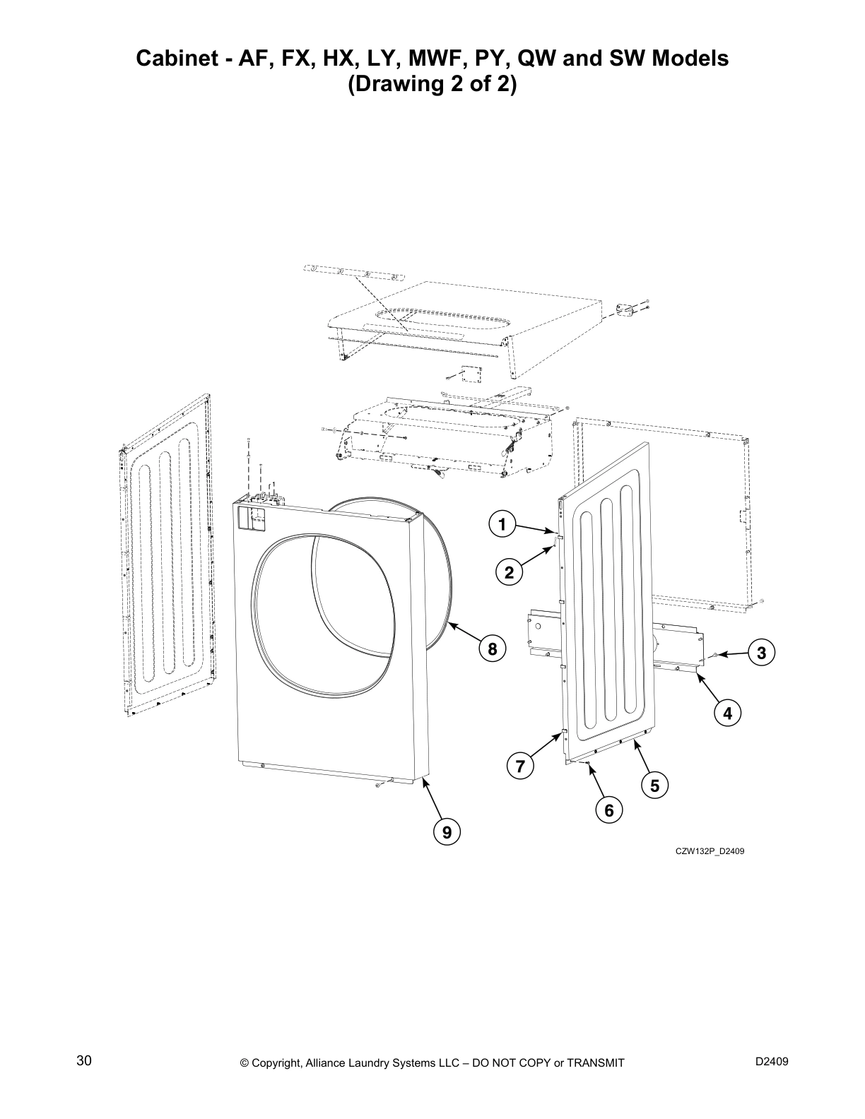 Cabinet - AF, FX, HX, LY, MWF, PY, QW and SW Models
(Drawing 2 of 2)