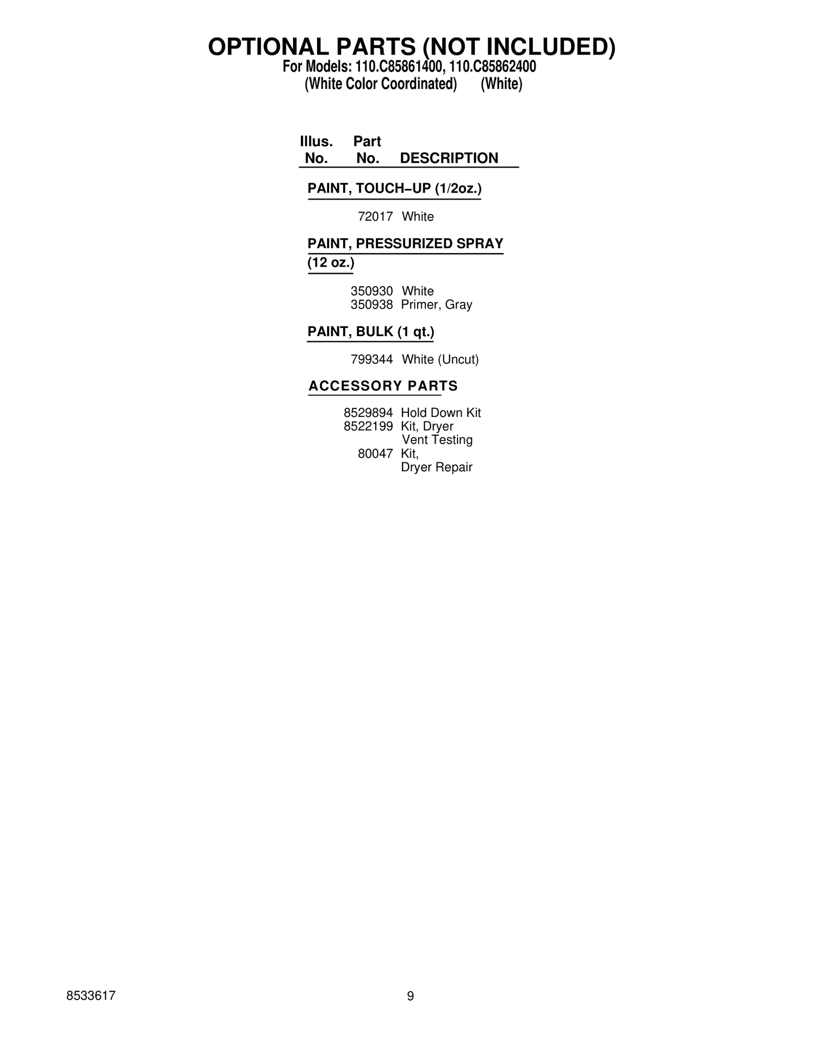 OPTIONAL PARTS (NOT INCLUDED)