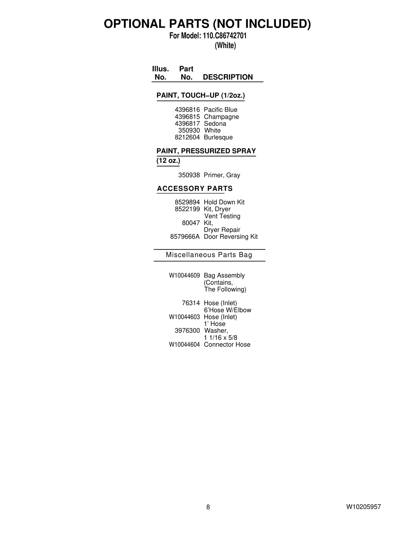 OPTIONAL PARTS (NOT INCLUDED)