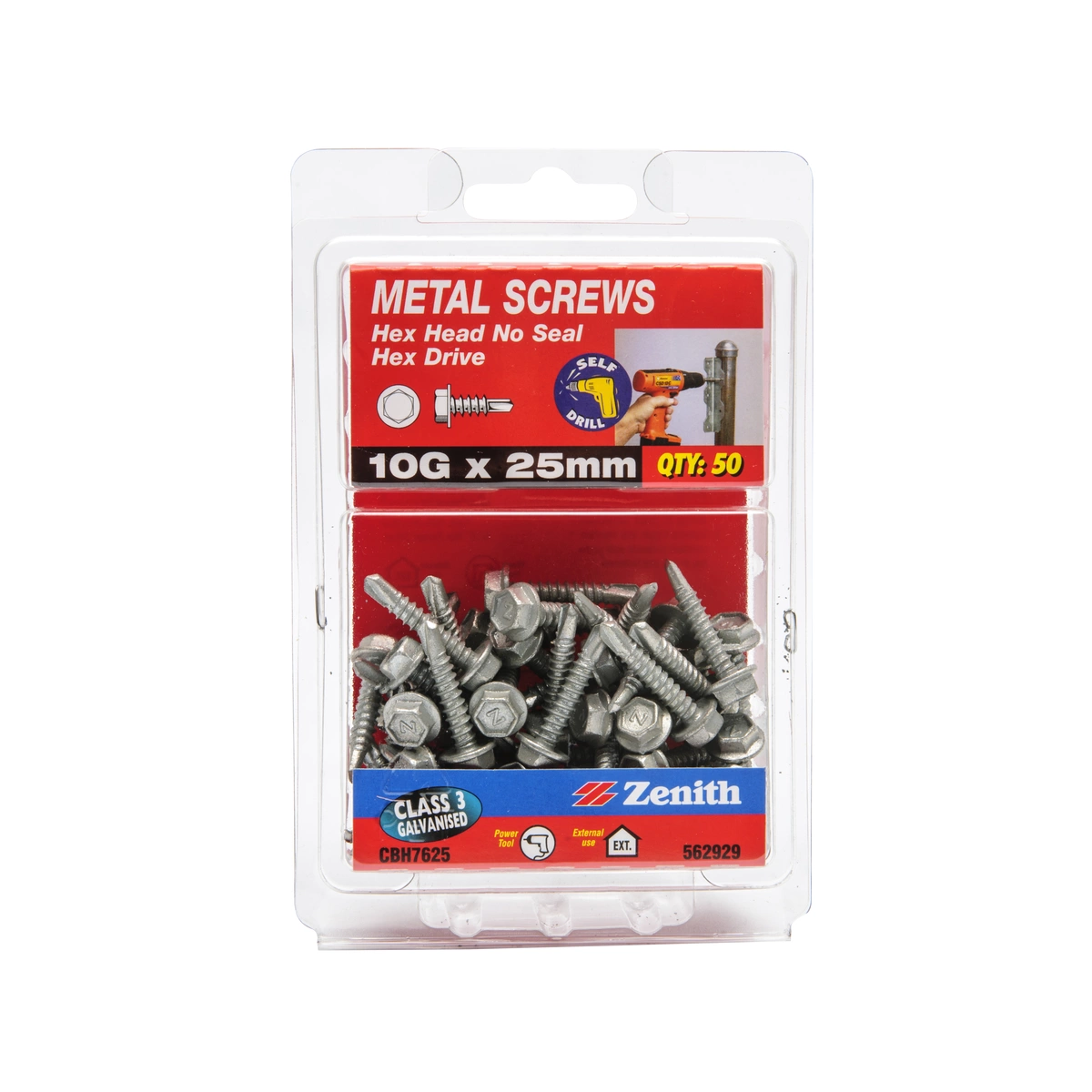 ZENITH® 10G x 25mm Class 3 Galvanised, Self Drilling, External Hex Drive, Metal Screws – External Use – 50 Pack