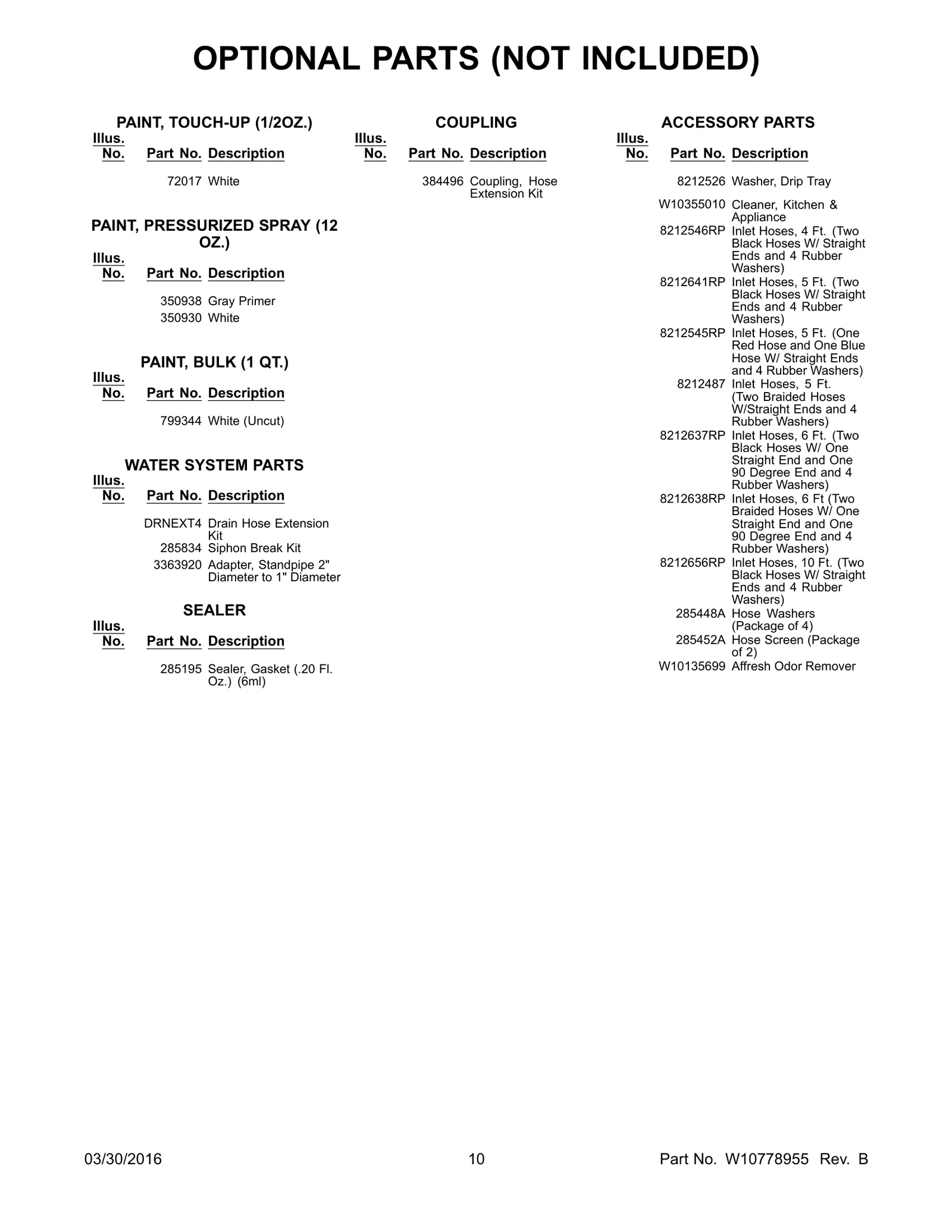 OPTIONAL PARTS (NOT INCLUDED)