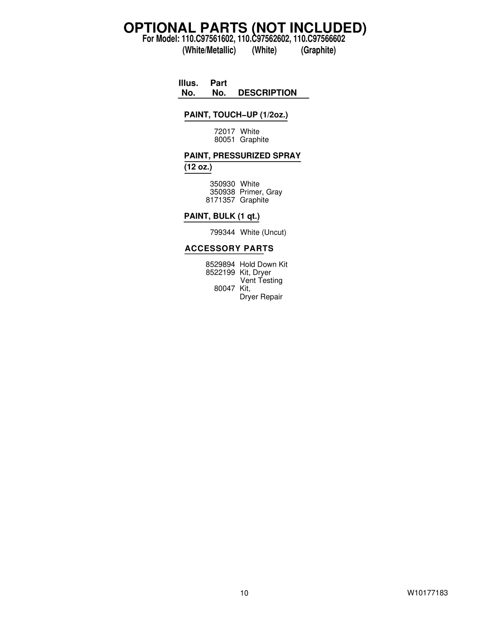 OPTIONAL PARTS (NOT INCLUDED)