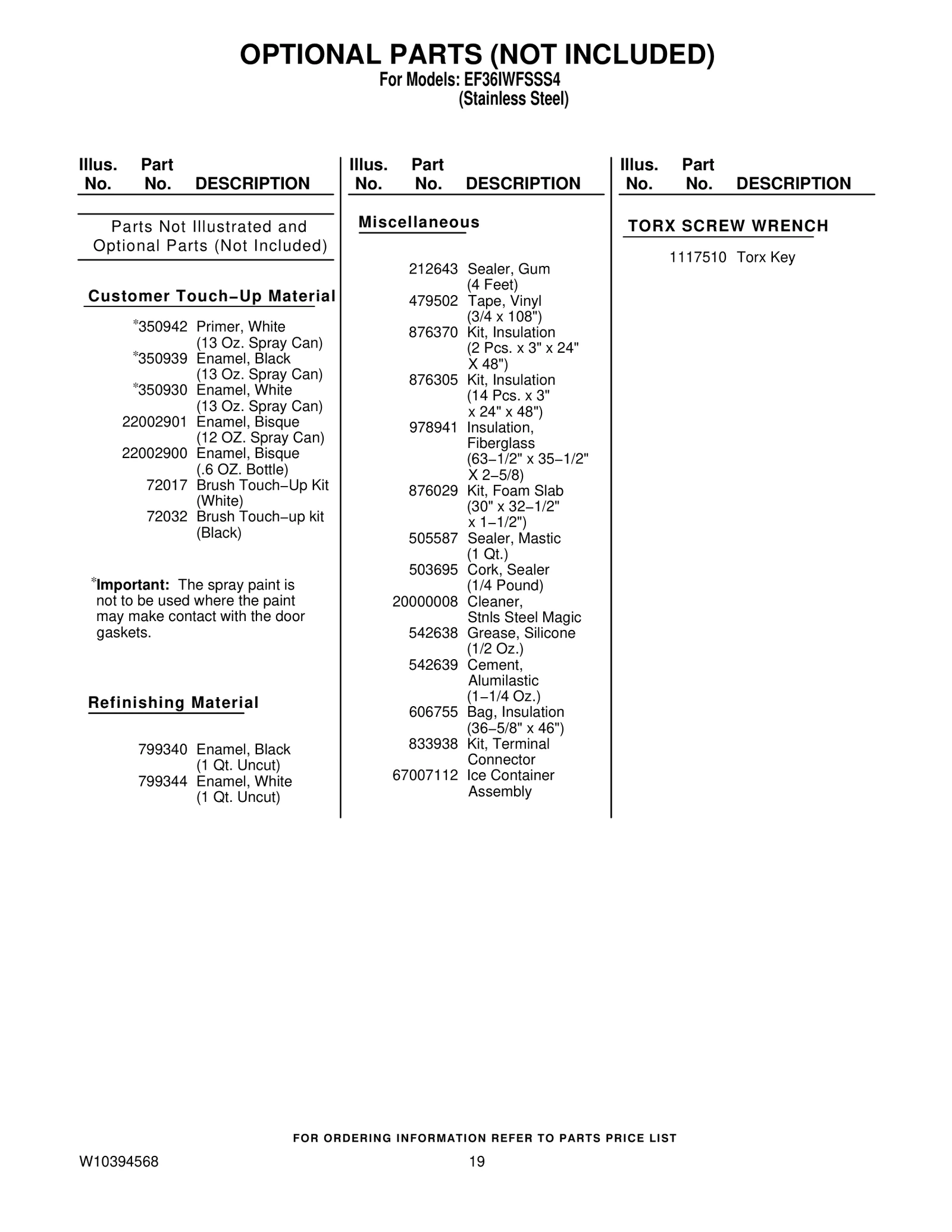 OPTIONAL PARTS (NOT INCLUDED)