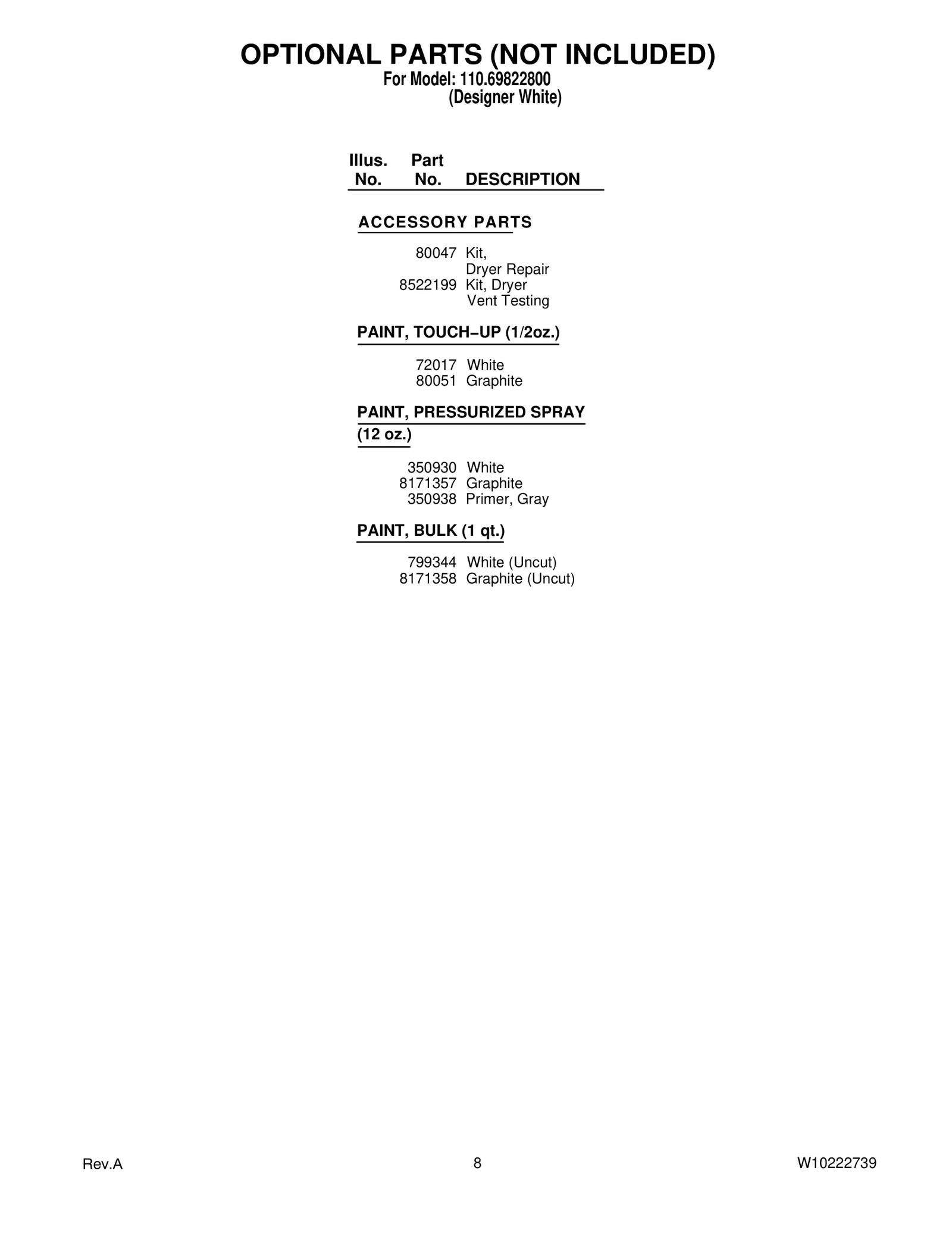 OPTIONAL PARTS (NOT INCLUDED)