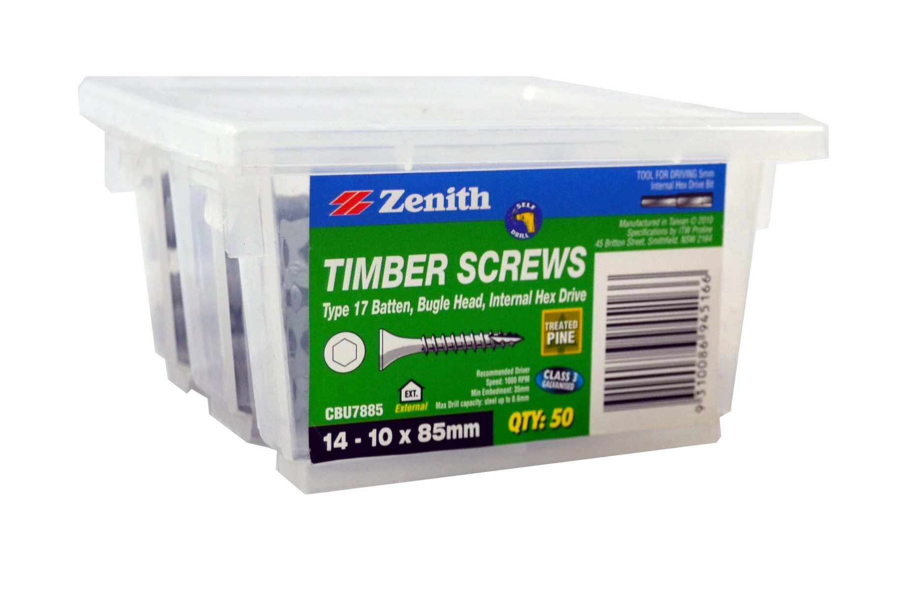 ZENITH® 14G x 85mm Class 3 Galvanised, Internal Hex Drive, Bugle Batten Screws – External Use – 50 Pack