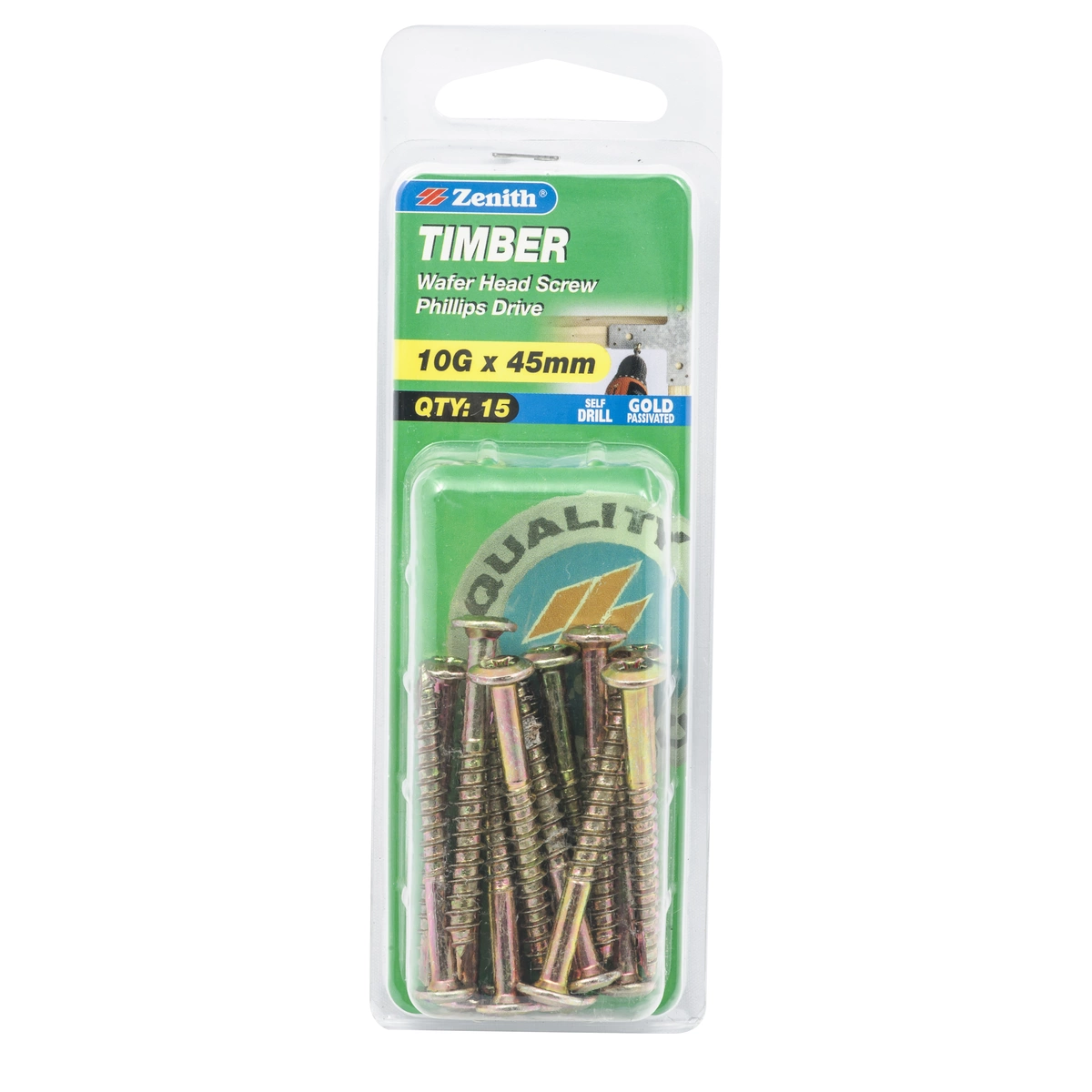 ZENITH® 10G x 45mm Gold Passivated, Phillips Drive, Timber Screws – Internal Use – 15 Pack