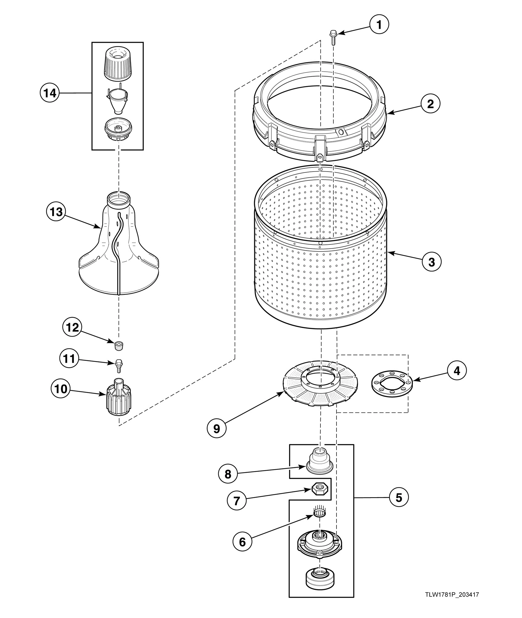 Agitator, Fabric Softener Dispenser, Drive Bell, Hub and Lip Seal Kit and Washtub