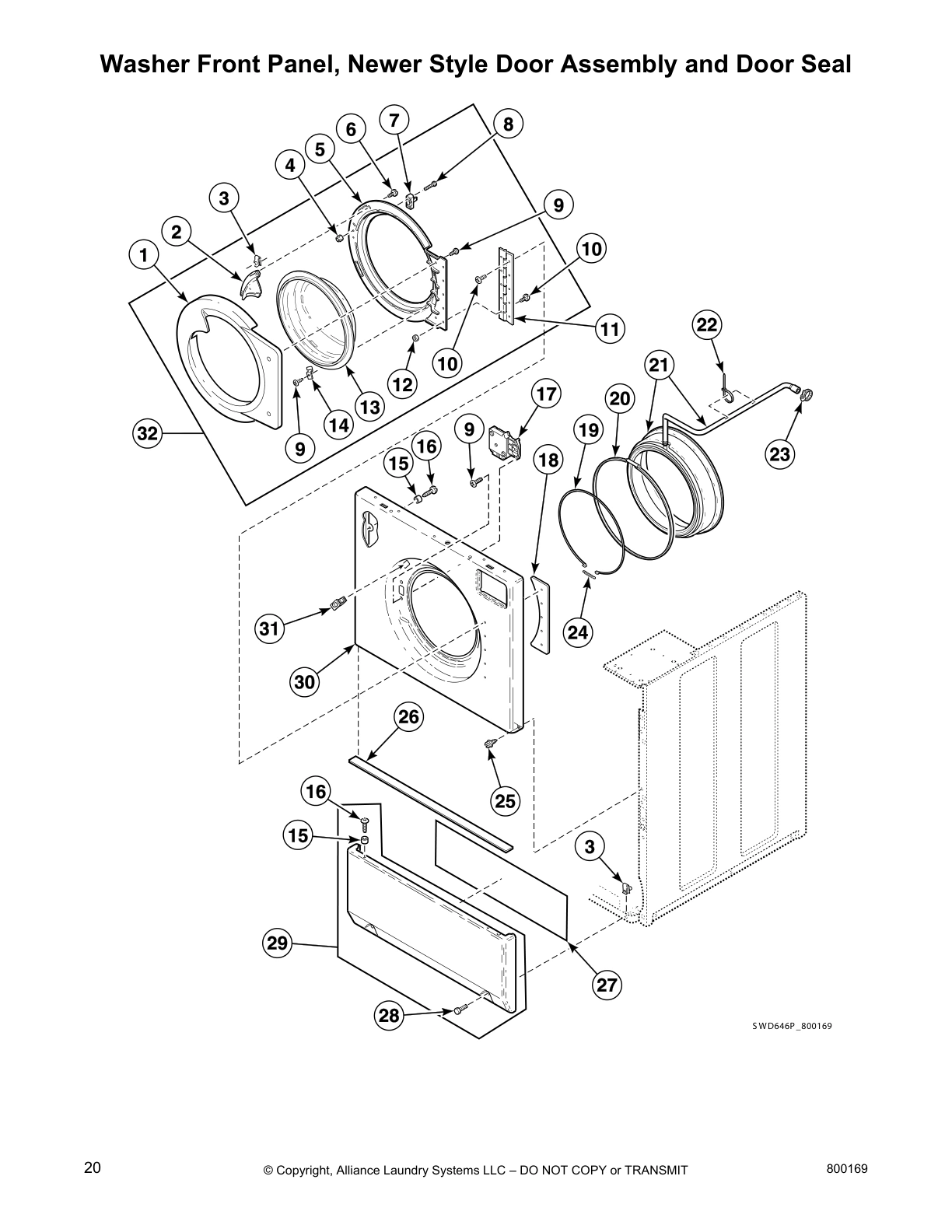 Washer Front Panel, Newer Style Door Assembly and Door Seal