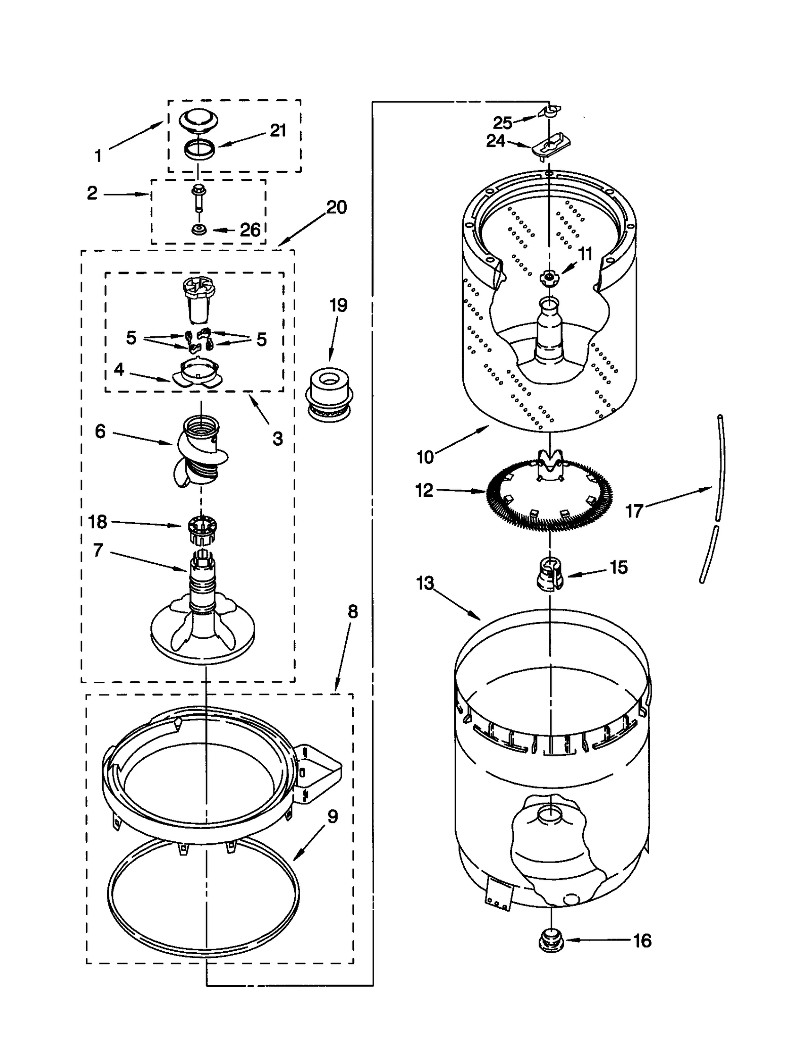 AGITATOR, BASKET, AND TUB