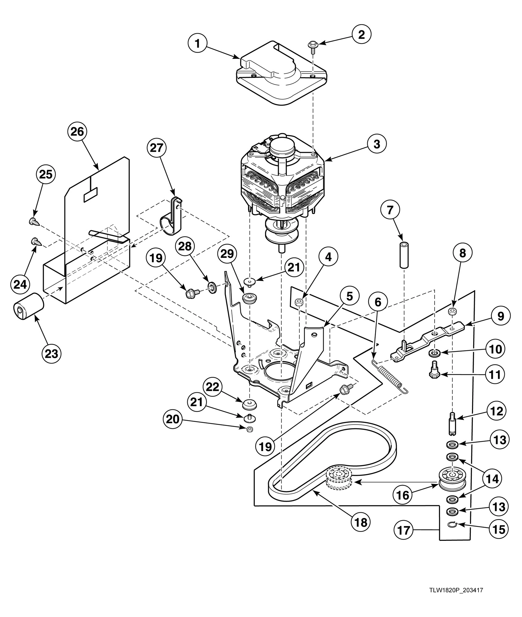 Motor, Mounting Bracket, Belt, and Idler Assembly