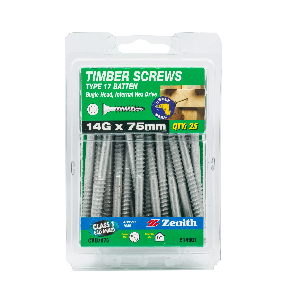 ZENITH® 14G x 75mm Class 3 Galvanised, Self Drilling, Internal Hex Drive, Bugle Batten Screws – External Use – 25 Pack