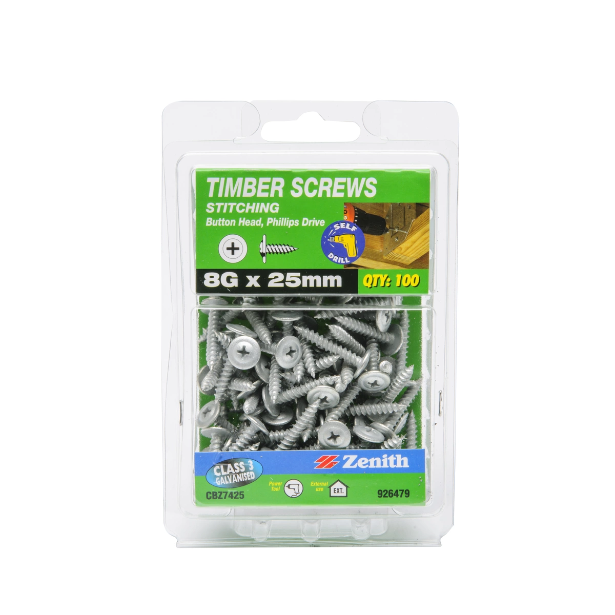 ZENITH® 8G x 25mm Class 3 Galvanised, Phillips Drive, Stitching Screws – External Use – 100 Pack