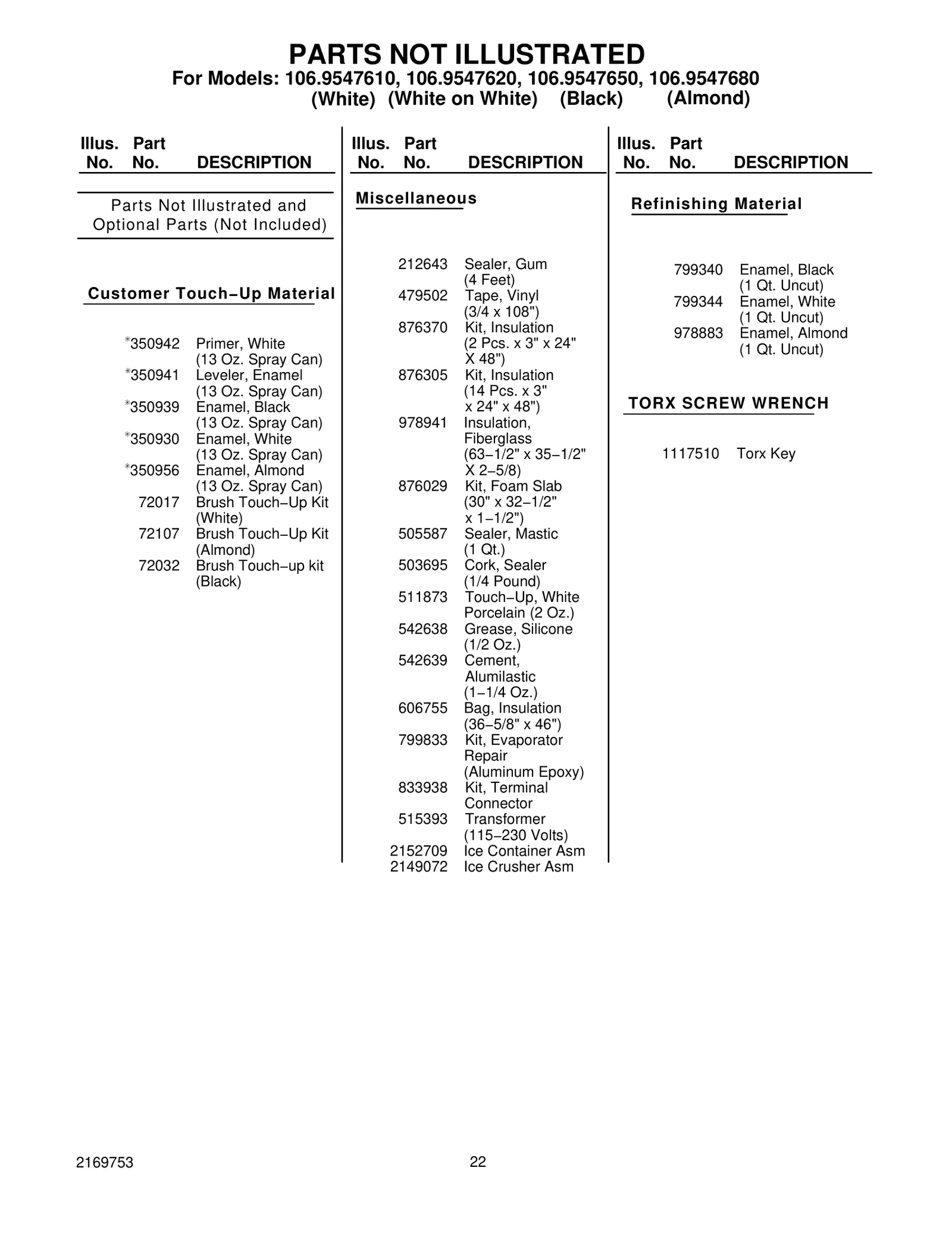 Optional Parts (Not Included)