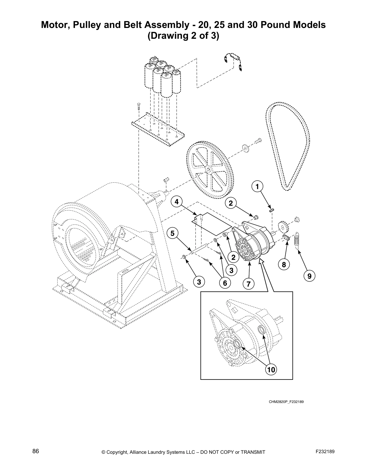 Motor, Pulley and Belt Assembly - 20, 25 and 30 Pound Models
(Drawing 2 of 3)