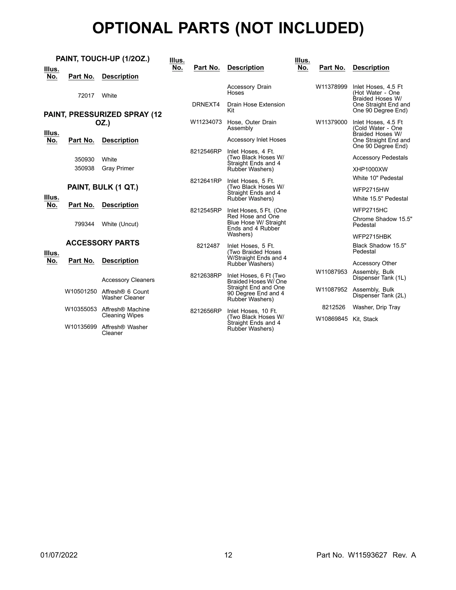 OPTIONAL PARTS (NOT INCLUDED)
