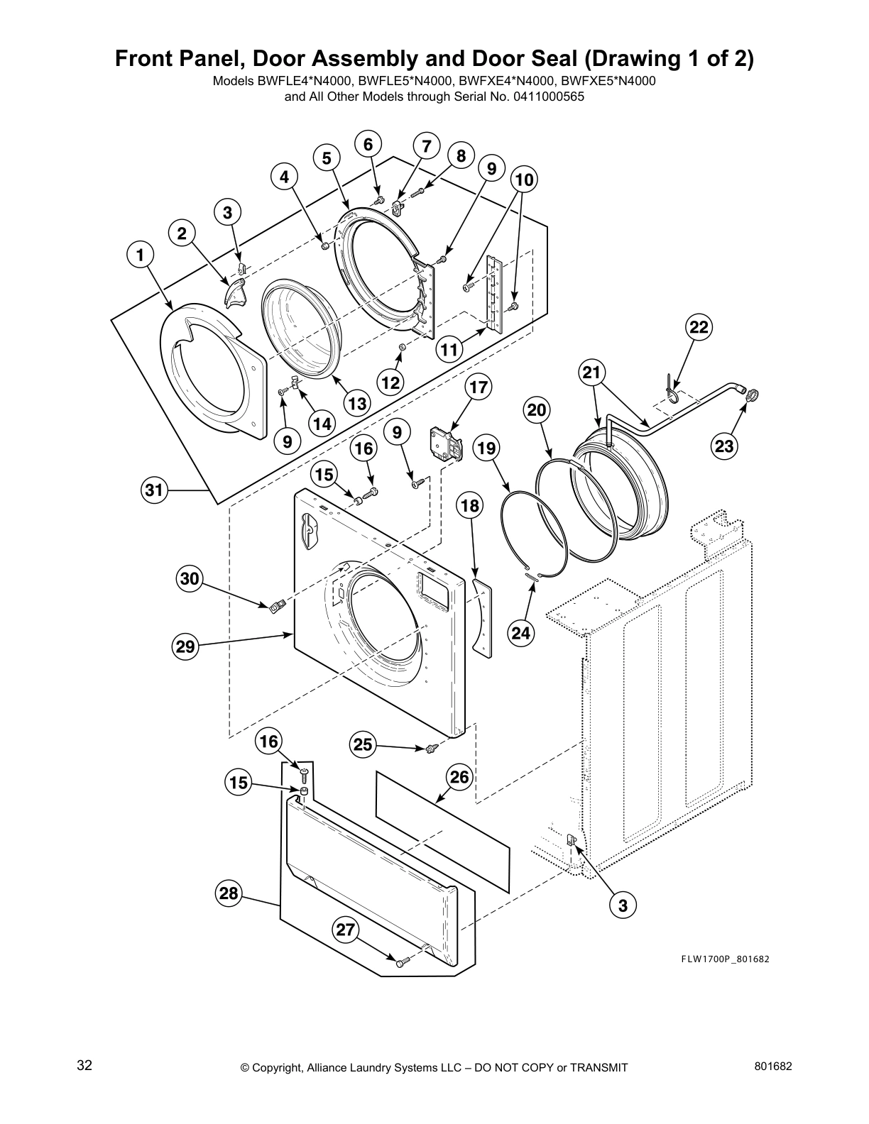 Front Panel, Door Assembly and Door Seal (Drawing 1 of 2)