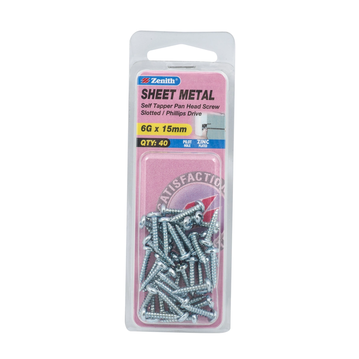 ZENITH® 6G x 15mm Zinc Plated, Self Tapping, Combination Drive, Sheet Metal Screws – Internal Use – 40 Pack